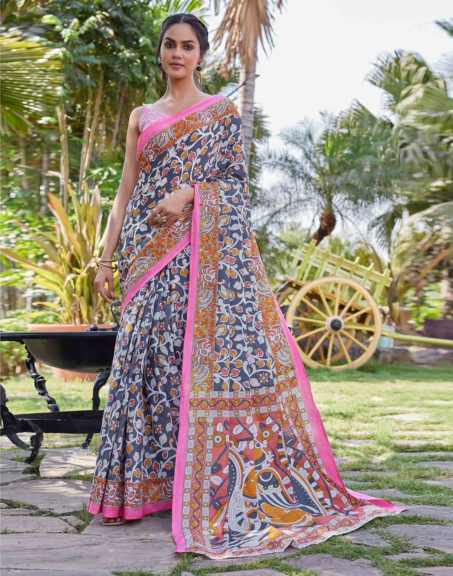 Grey Cotton Kalamkari Saree