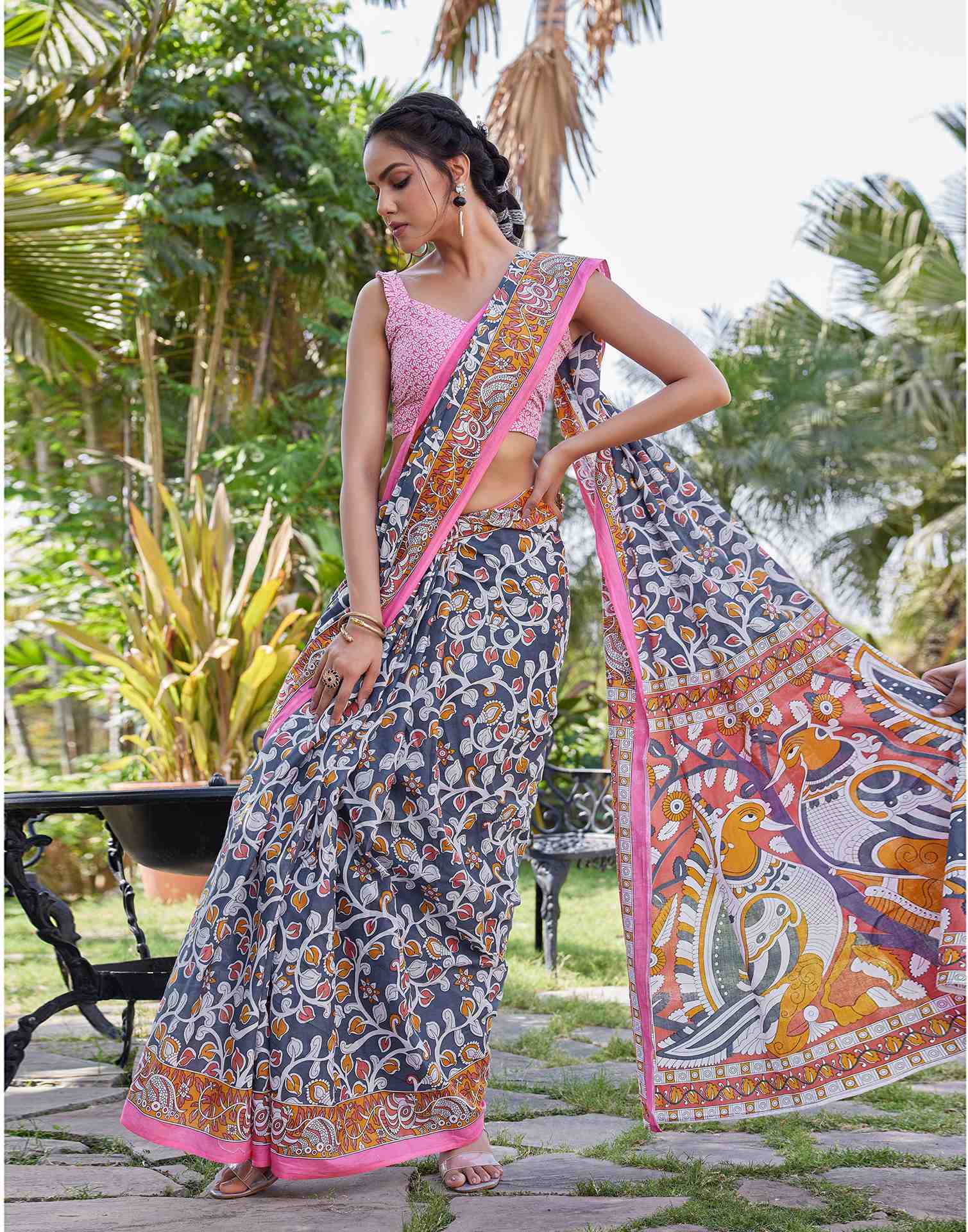 Grey Cotton Kalamkari Saree