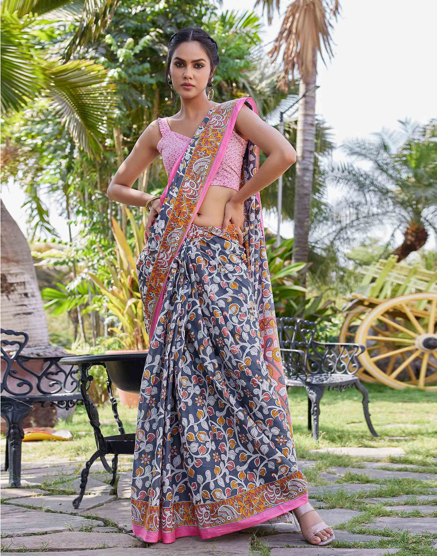 Grey Cotton Kalamkari Saree