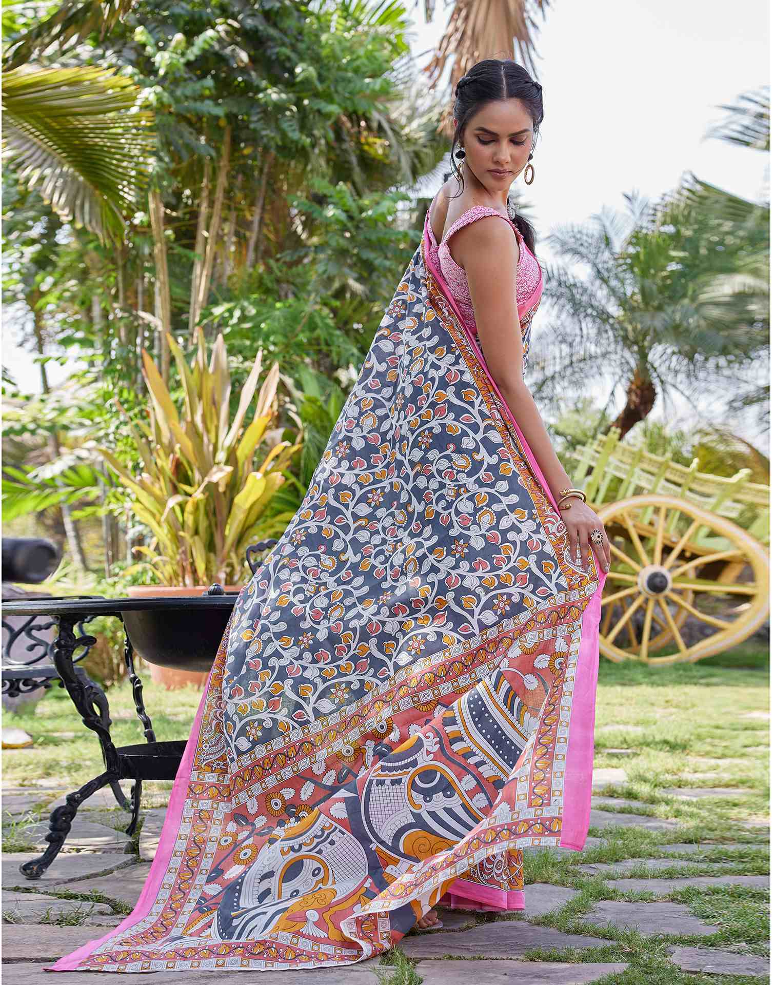 Grey Cotton Kalamkari Saree