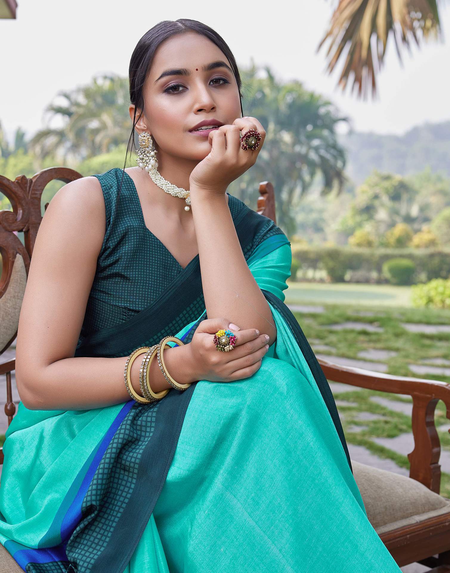 Turquoise Chinnon Printed Saree