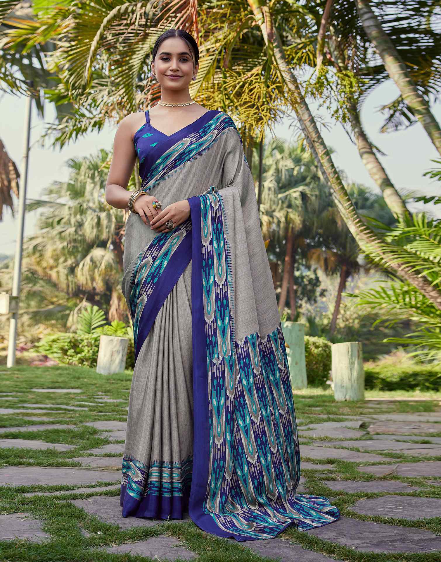 Grey Chinnon Printed Saree