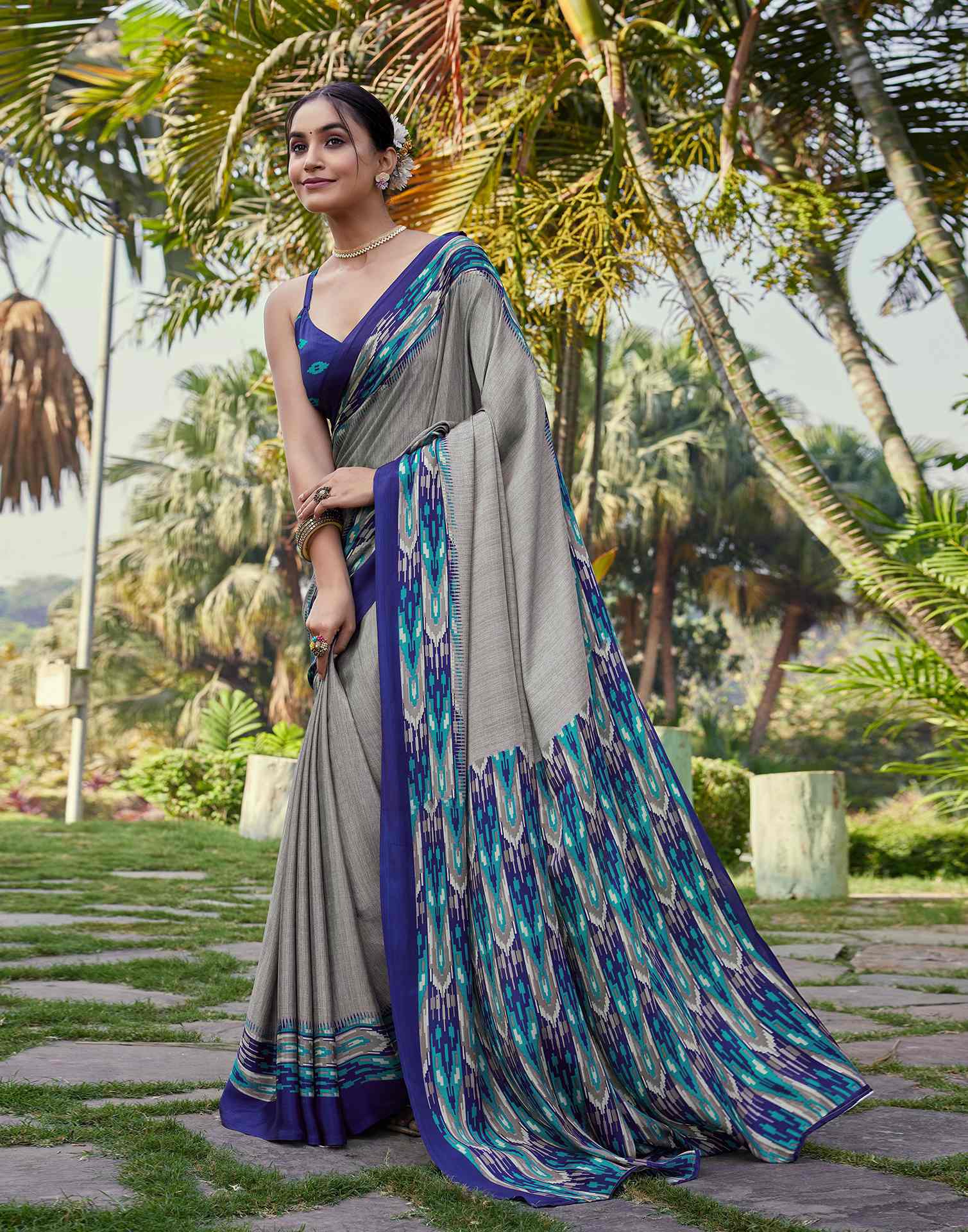 Grey Chinnon Printed Saree