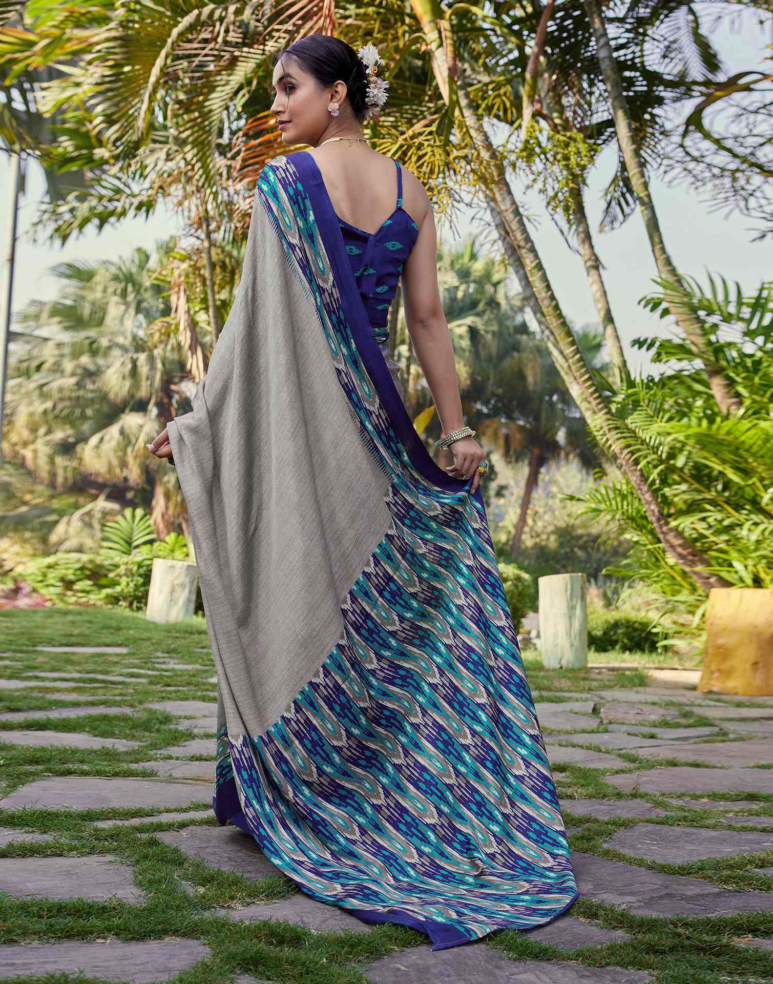 Grey Chinnon Printed Saree