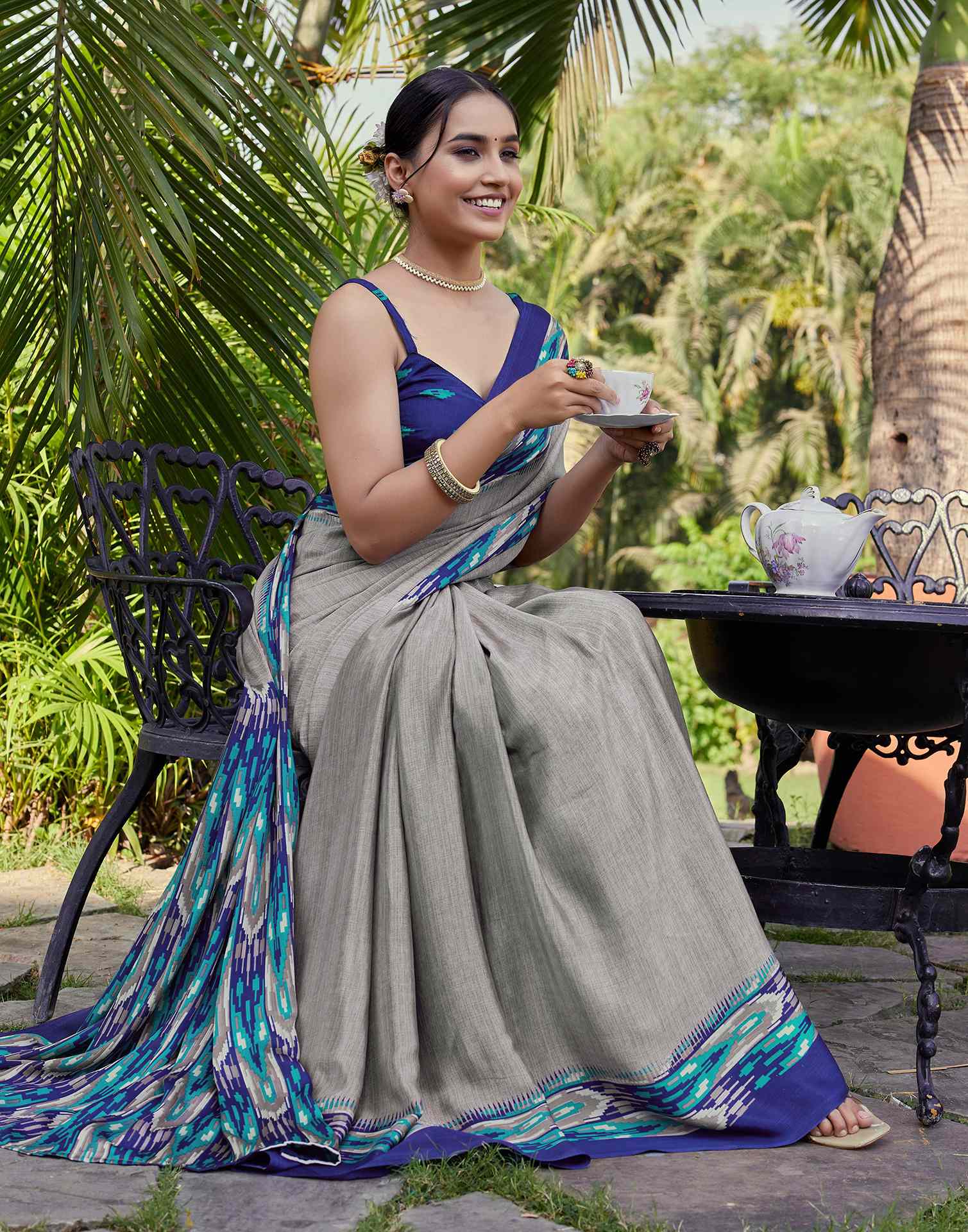 Grey Chinnon Printed Saree