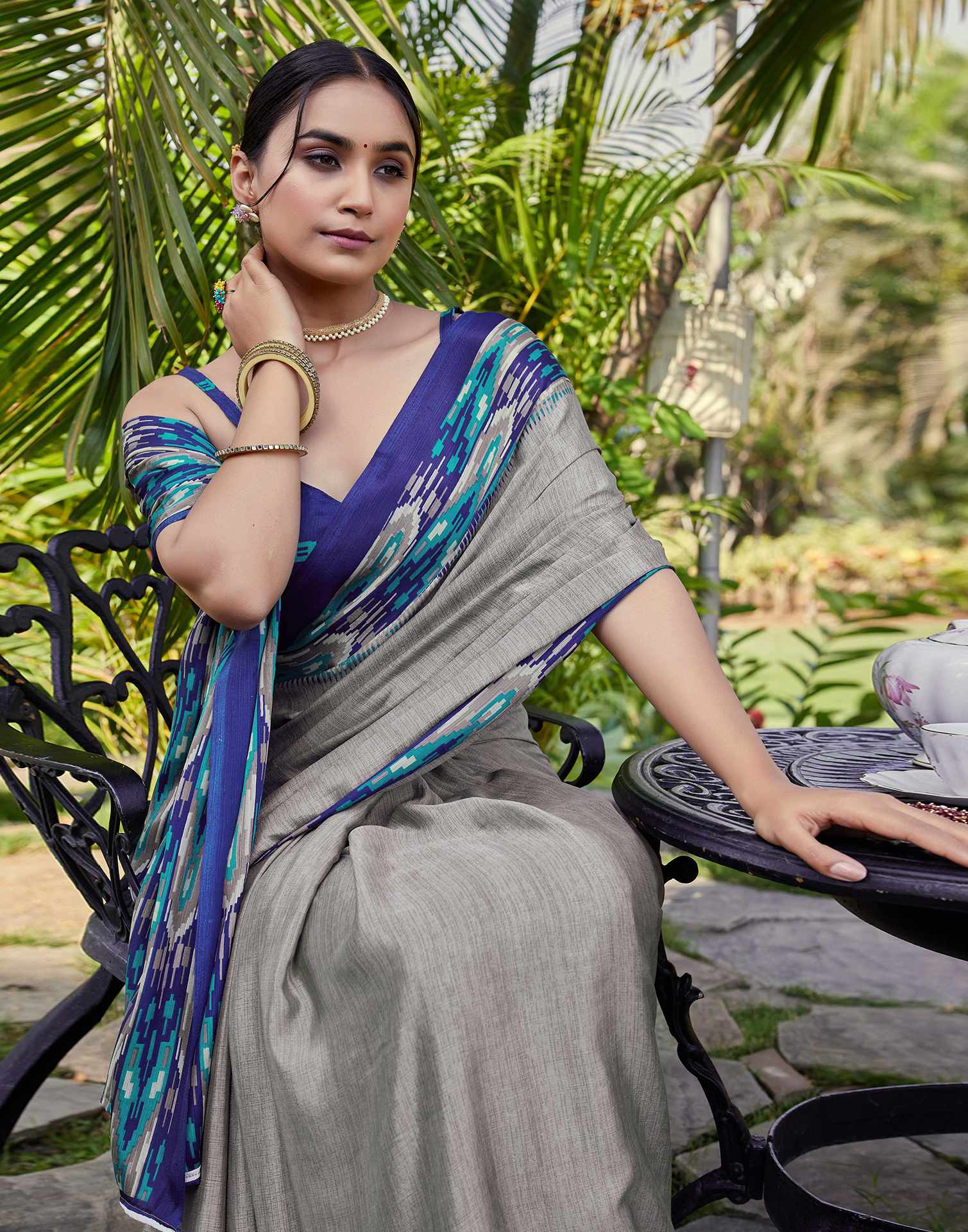Grey Chinnon Printed Saree