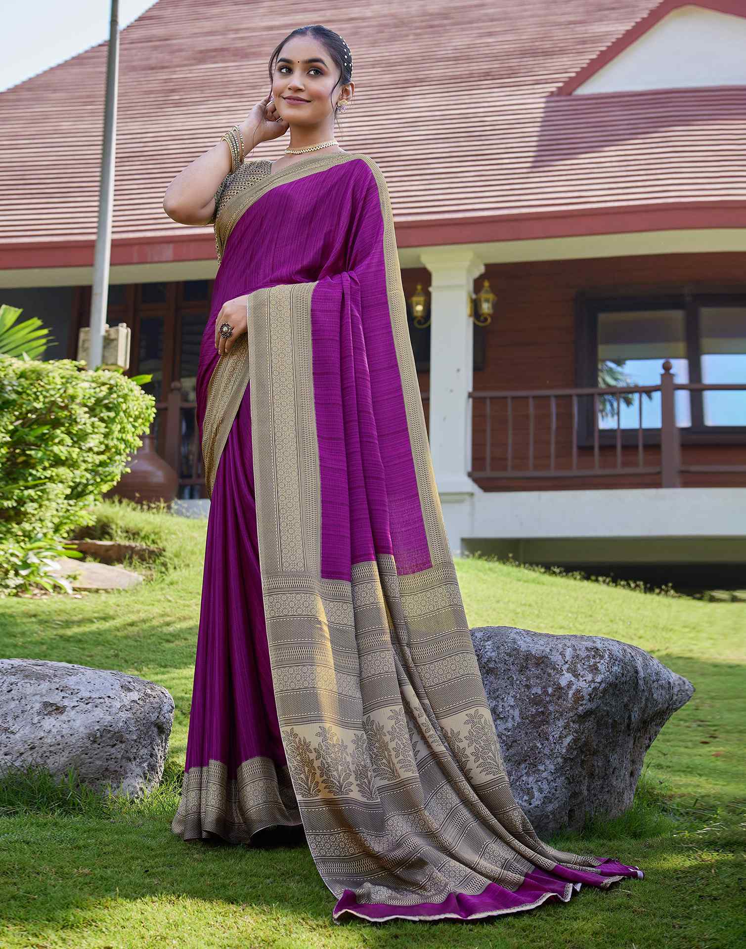 Beige Chinnon Printed Saree