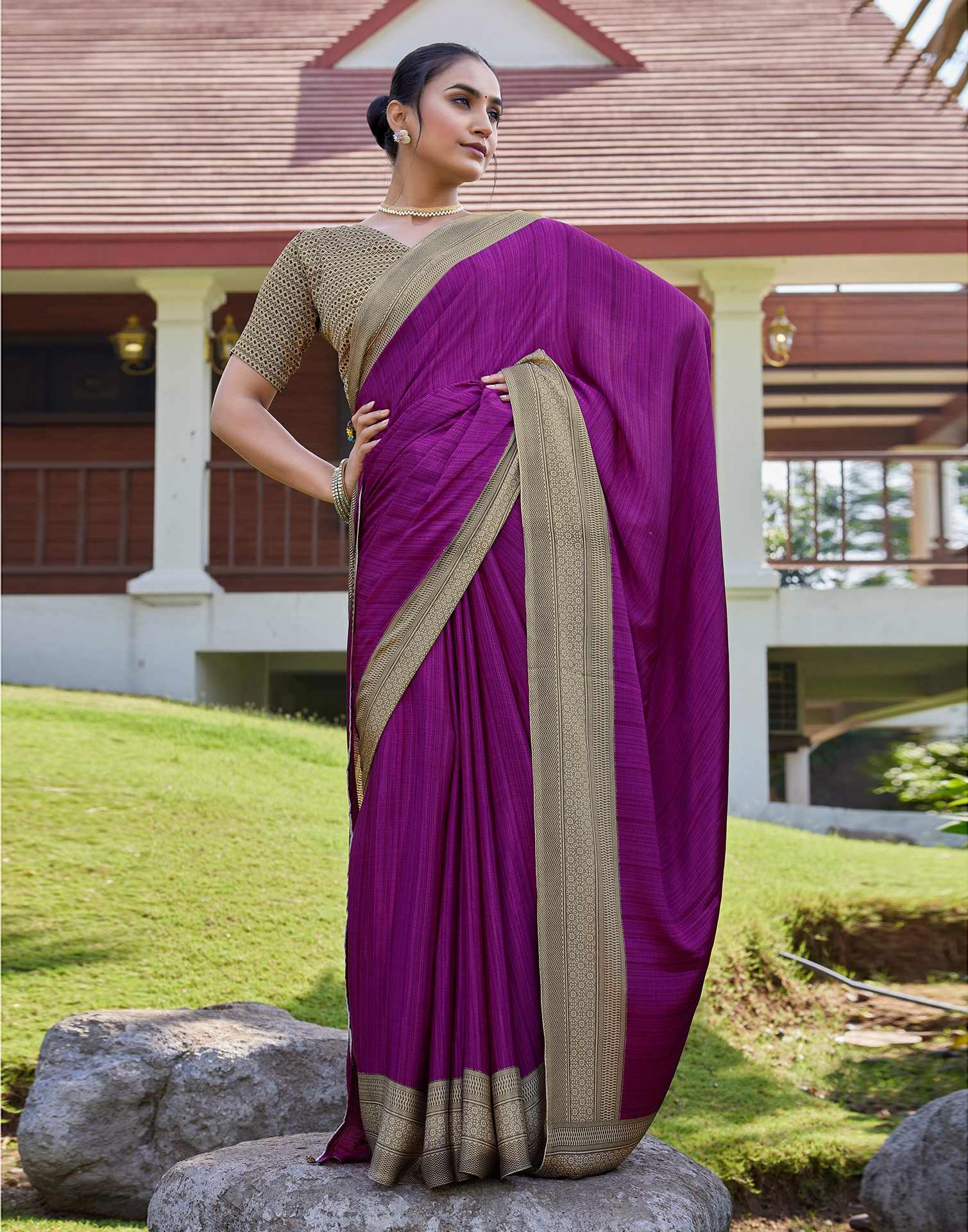 Beige Chinnon Printed Saree