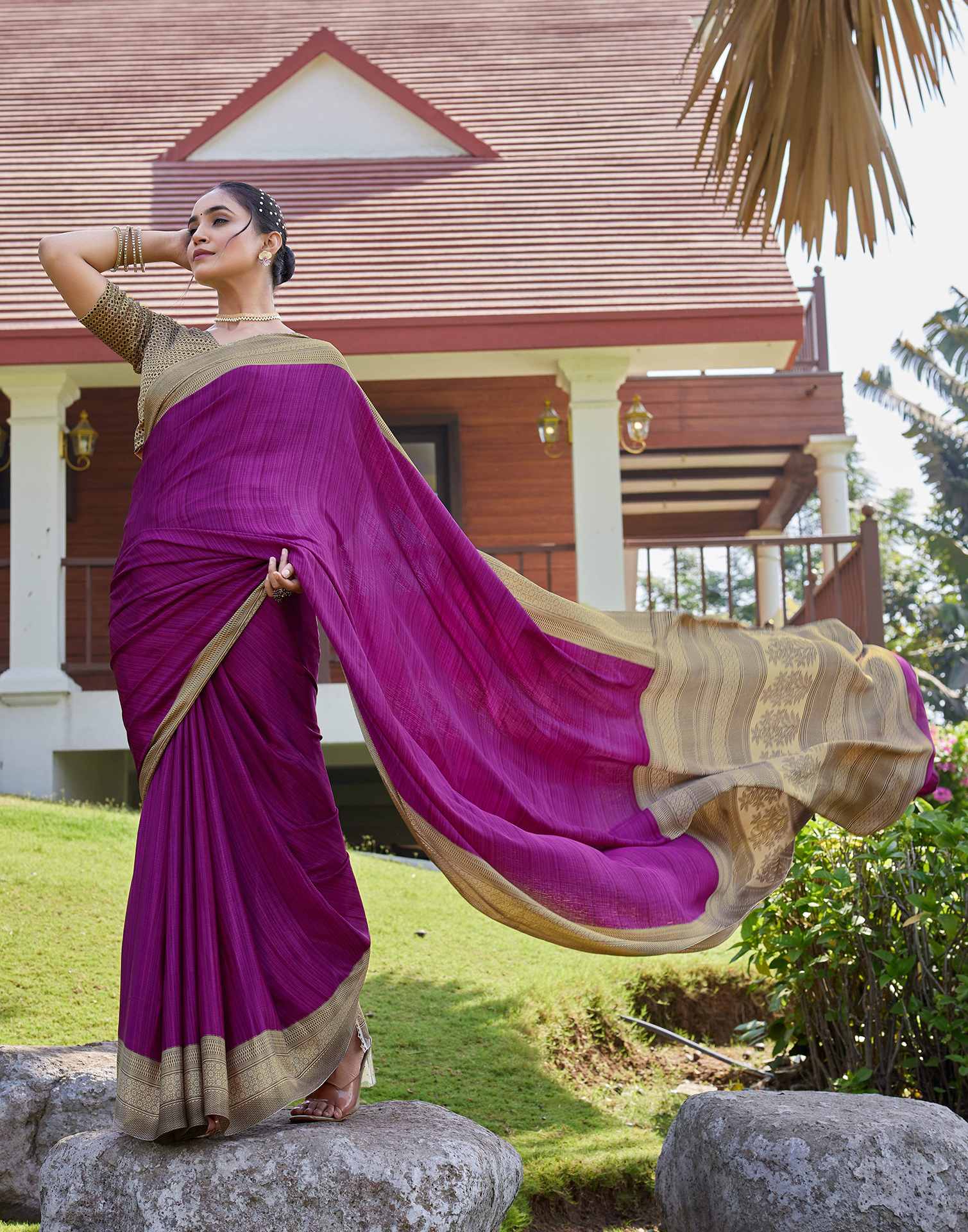 Beige Chinnon Printed Saree