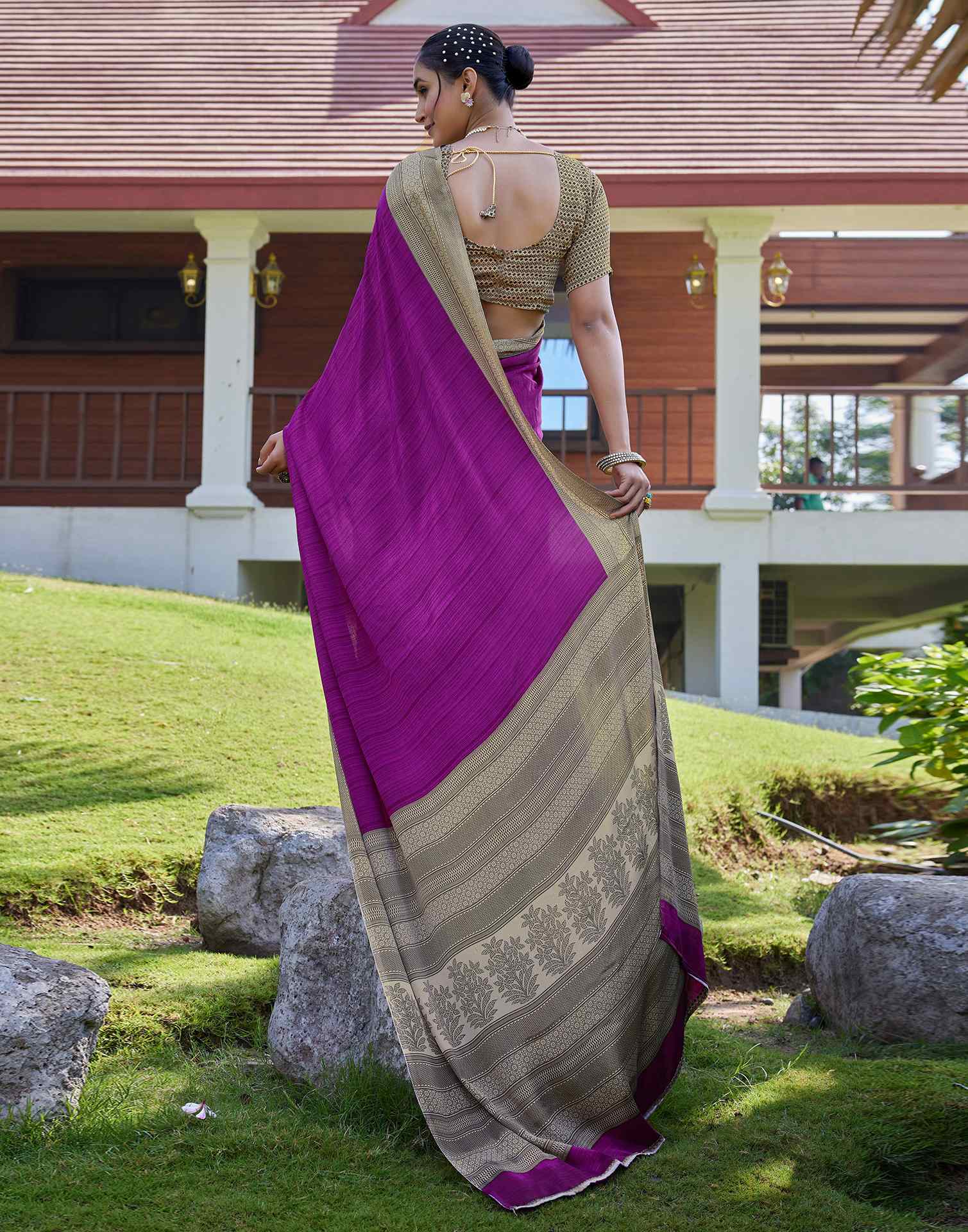 Beige Chinnon Printed Saree