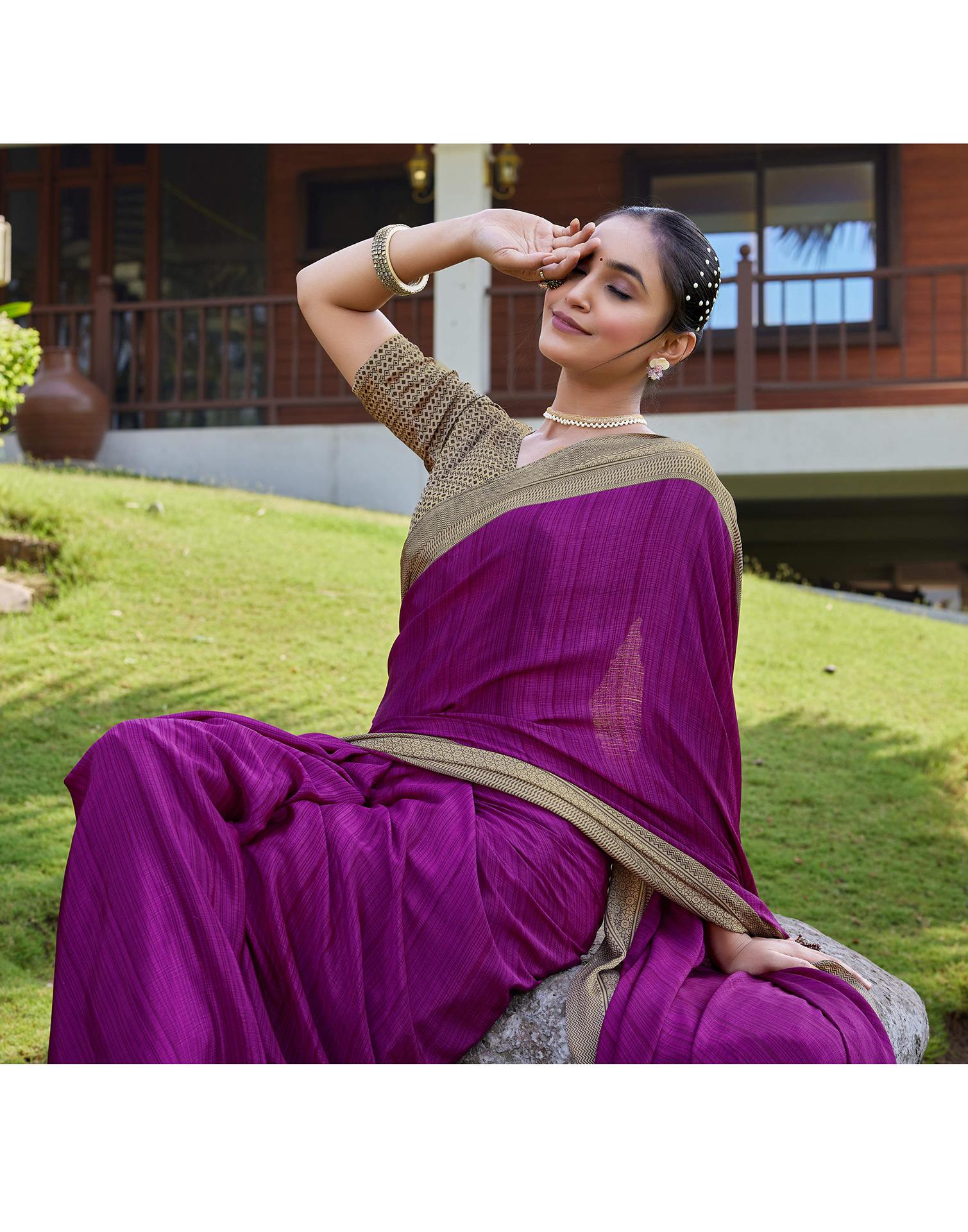 Beige Chinnon Printed Saree