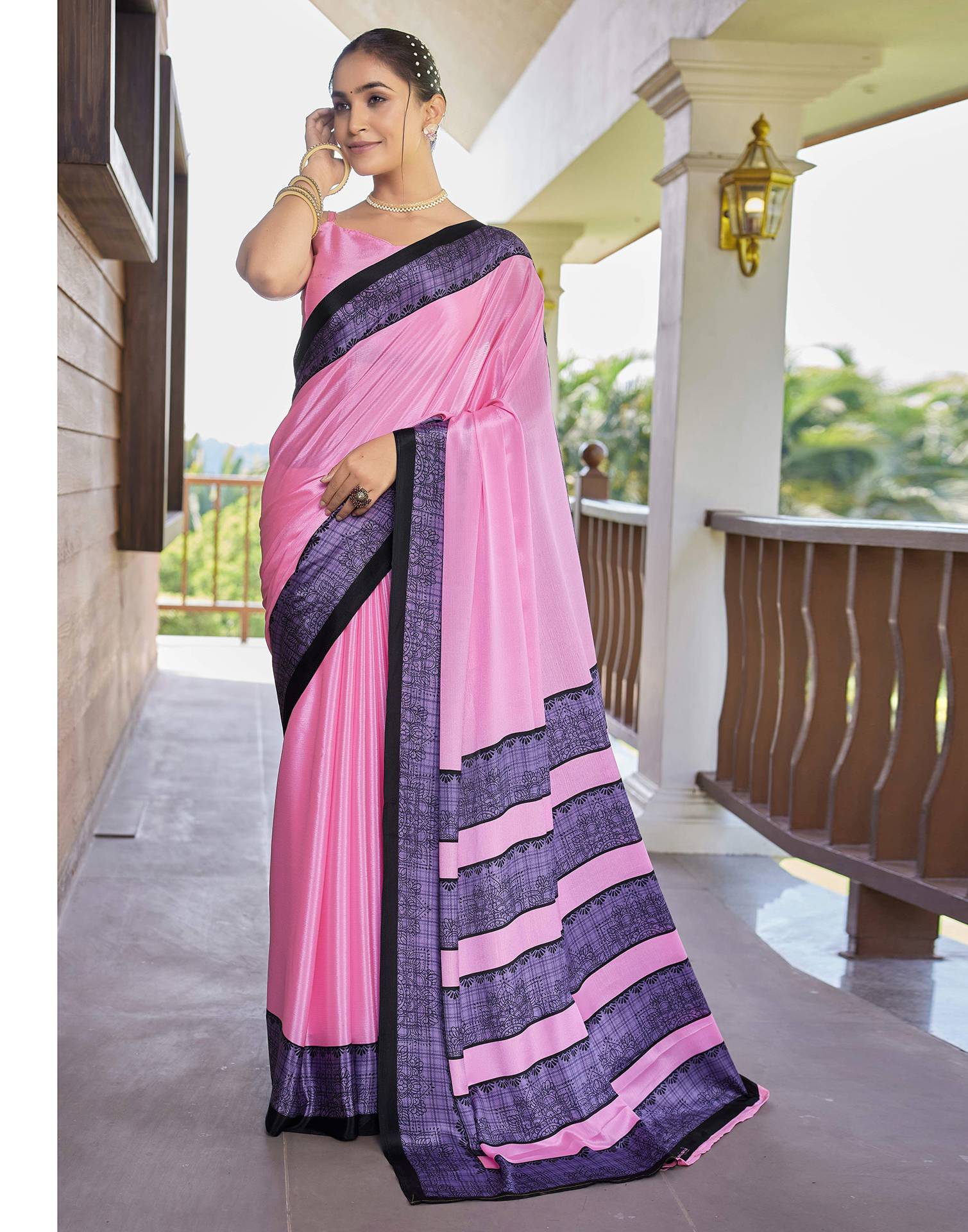 Pink Chinnon Printed Saree