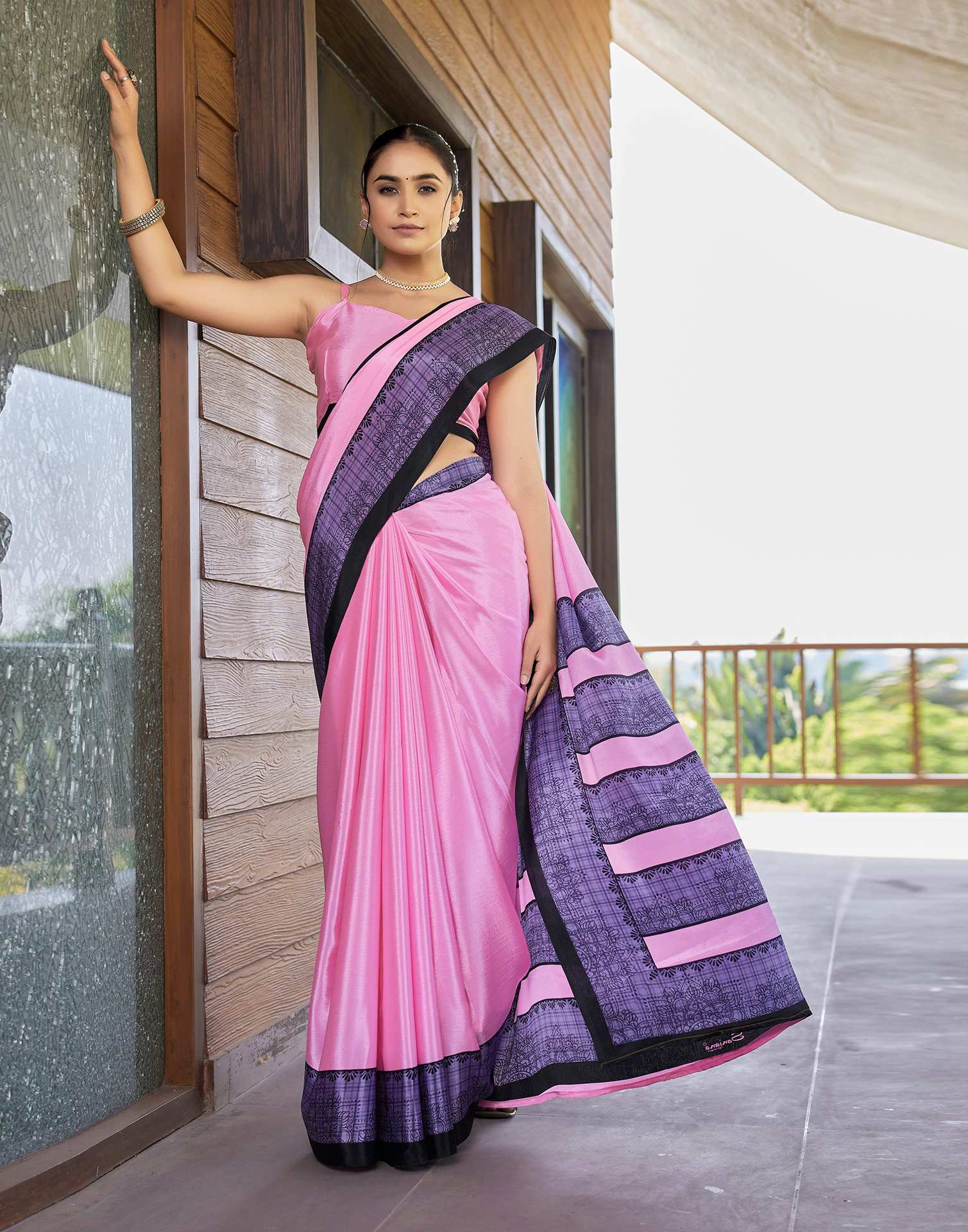 Pink Chinnon Printed Saree