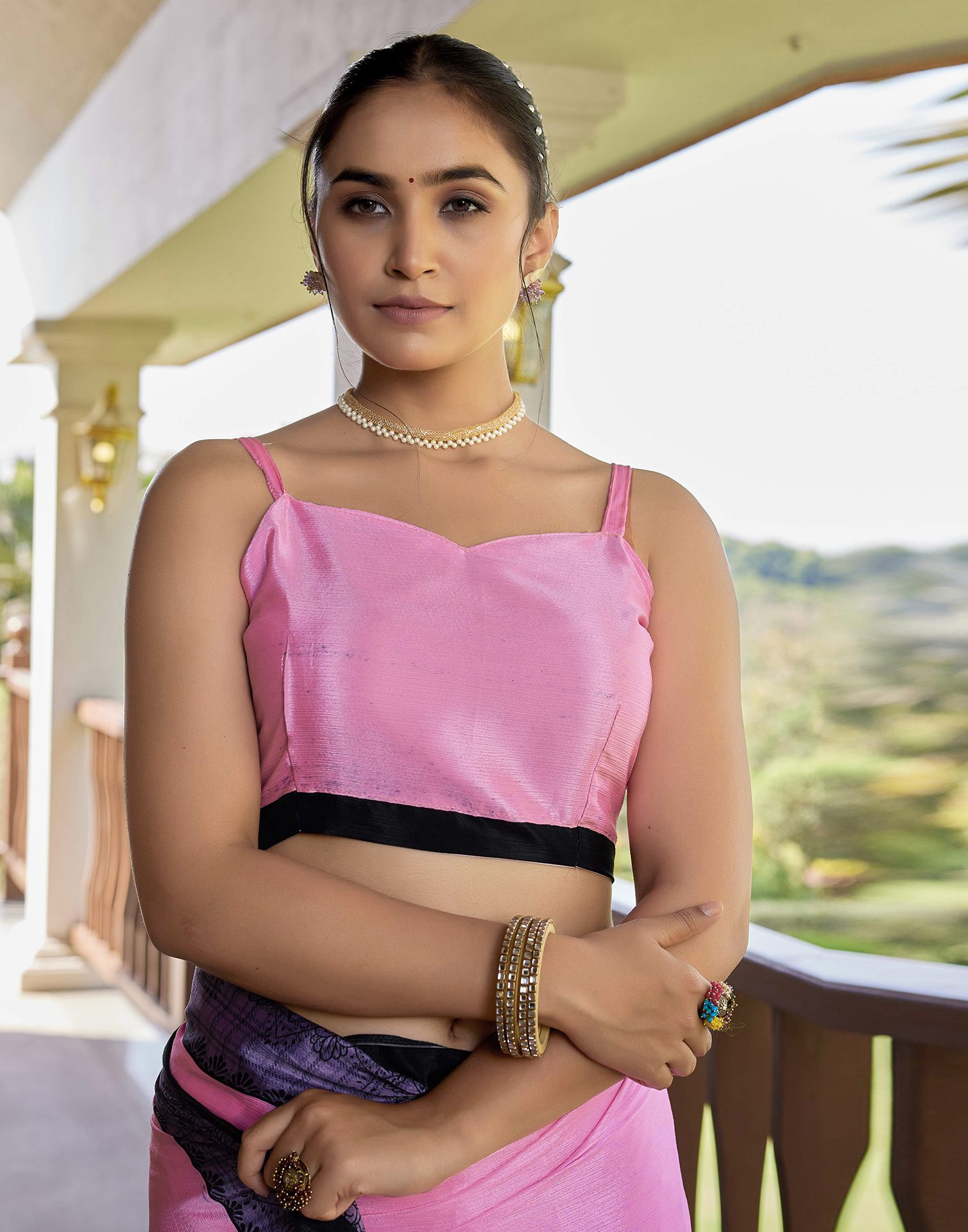 Pink Chinnon Printed Saree