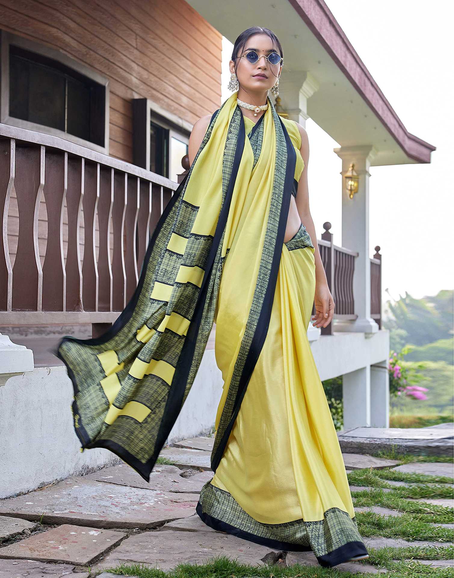 Yellow Chinnon Printed Saree