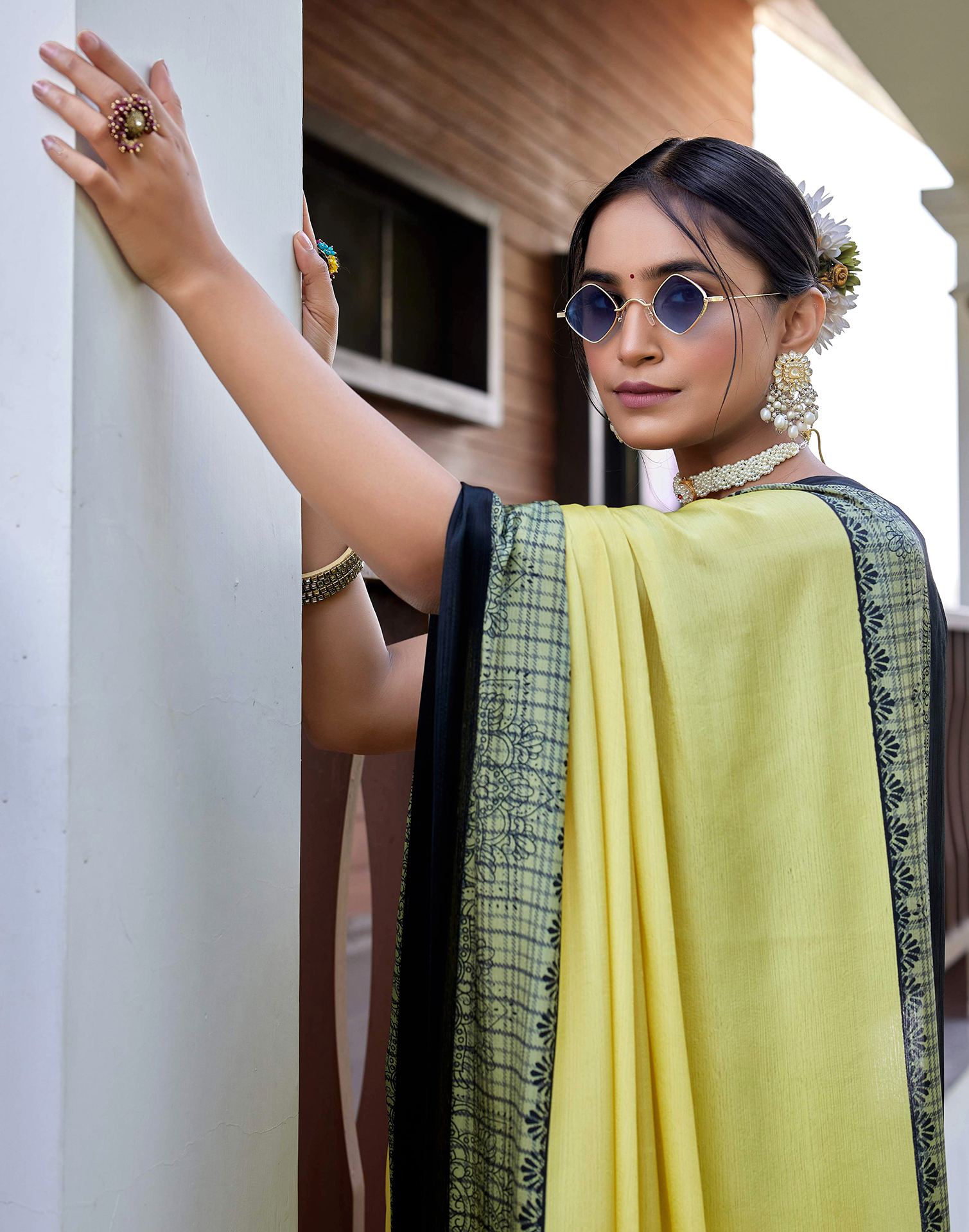 Yellow Chinnon Printed Saree