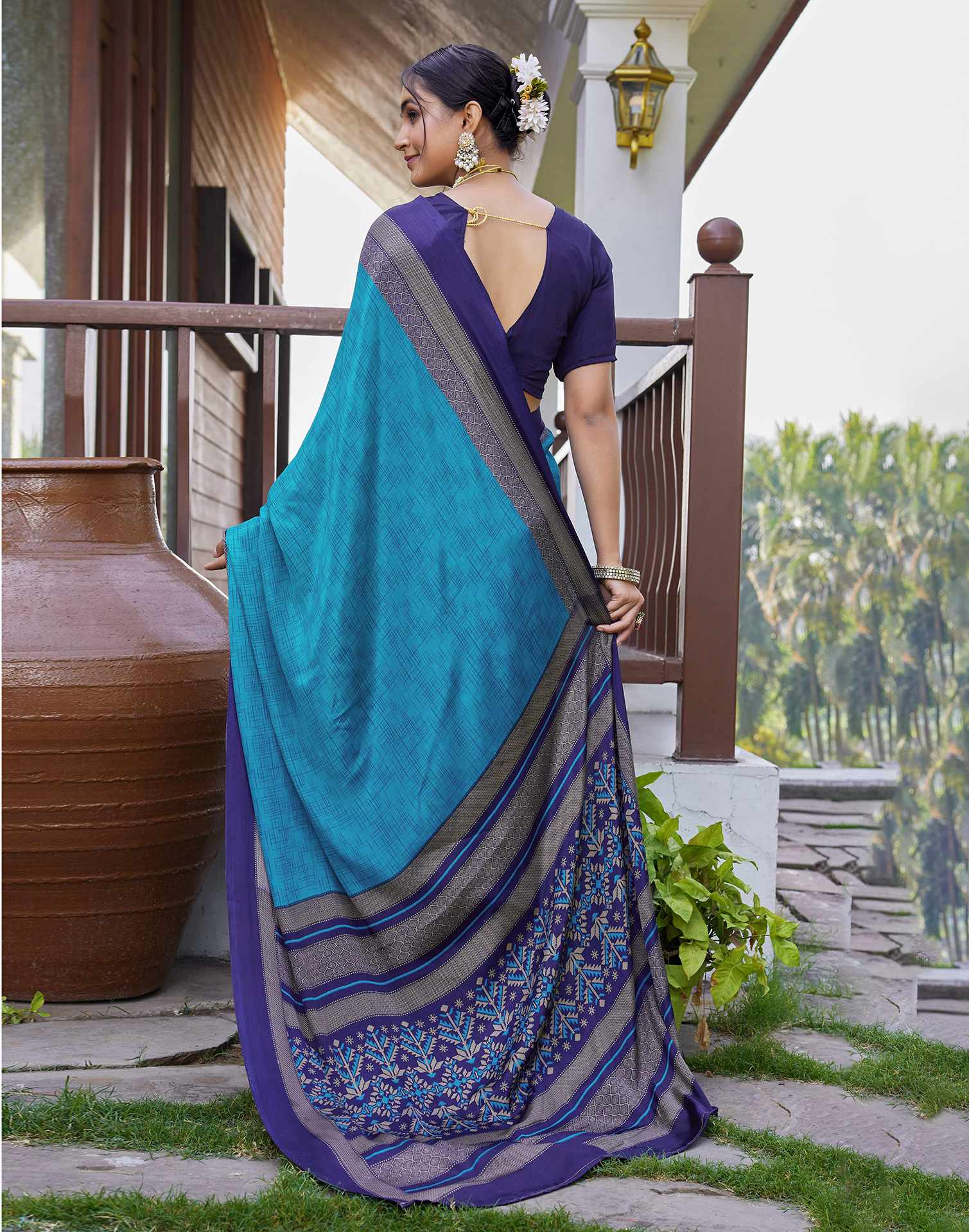 Teal Blue Chinnon Printed Saree