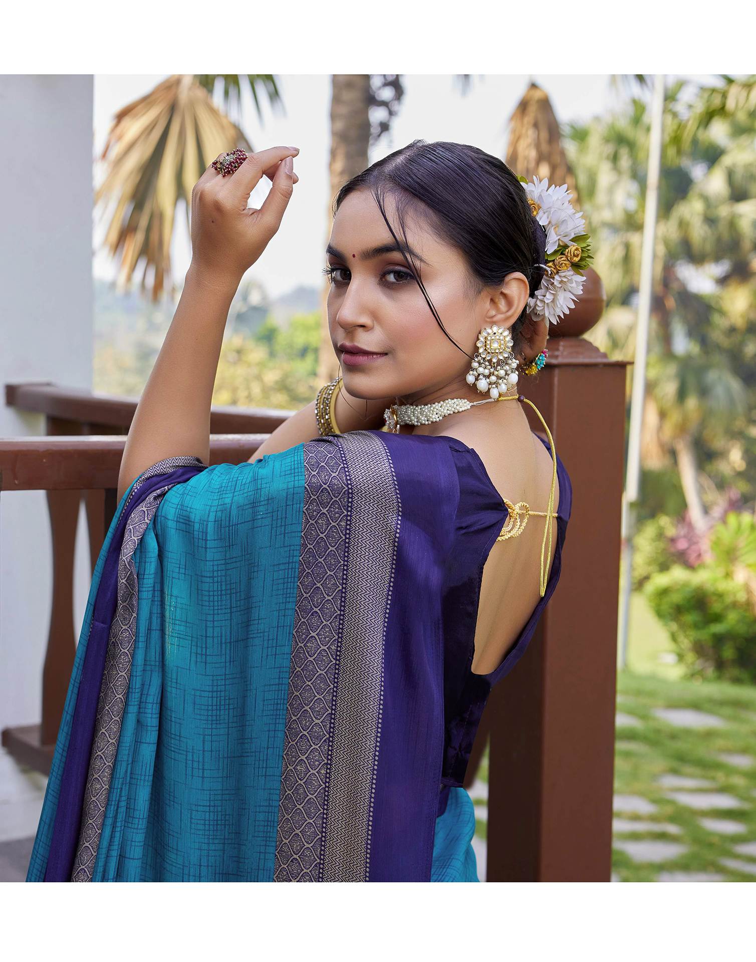 Teal Blue Chinnon Printed Saree