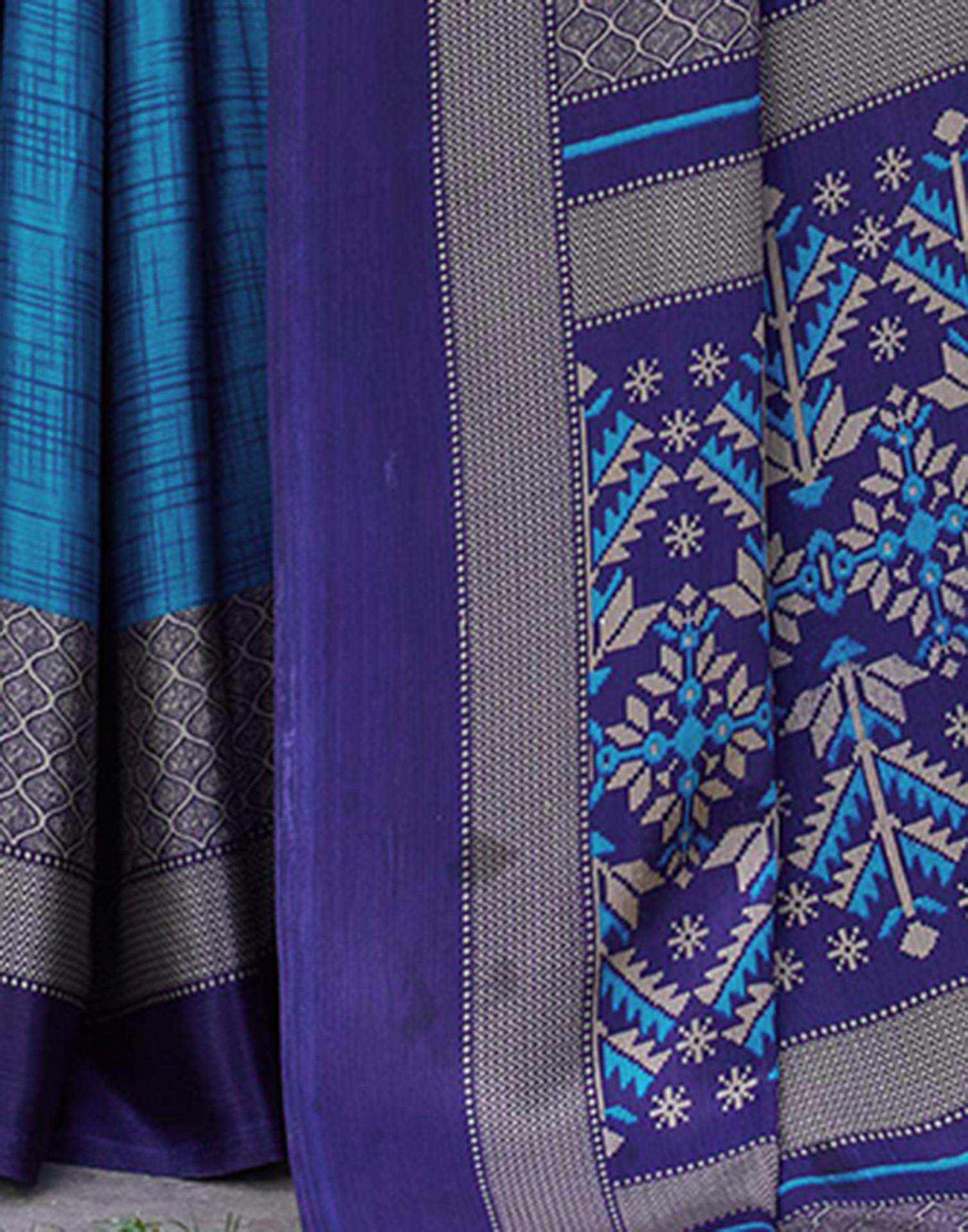 Teal Blue Chinnon Printed Saree