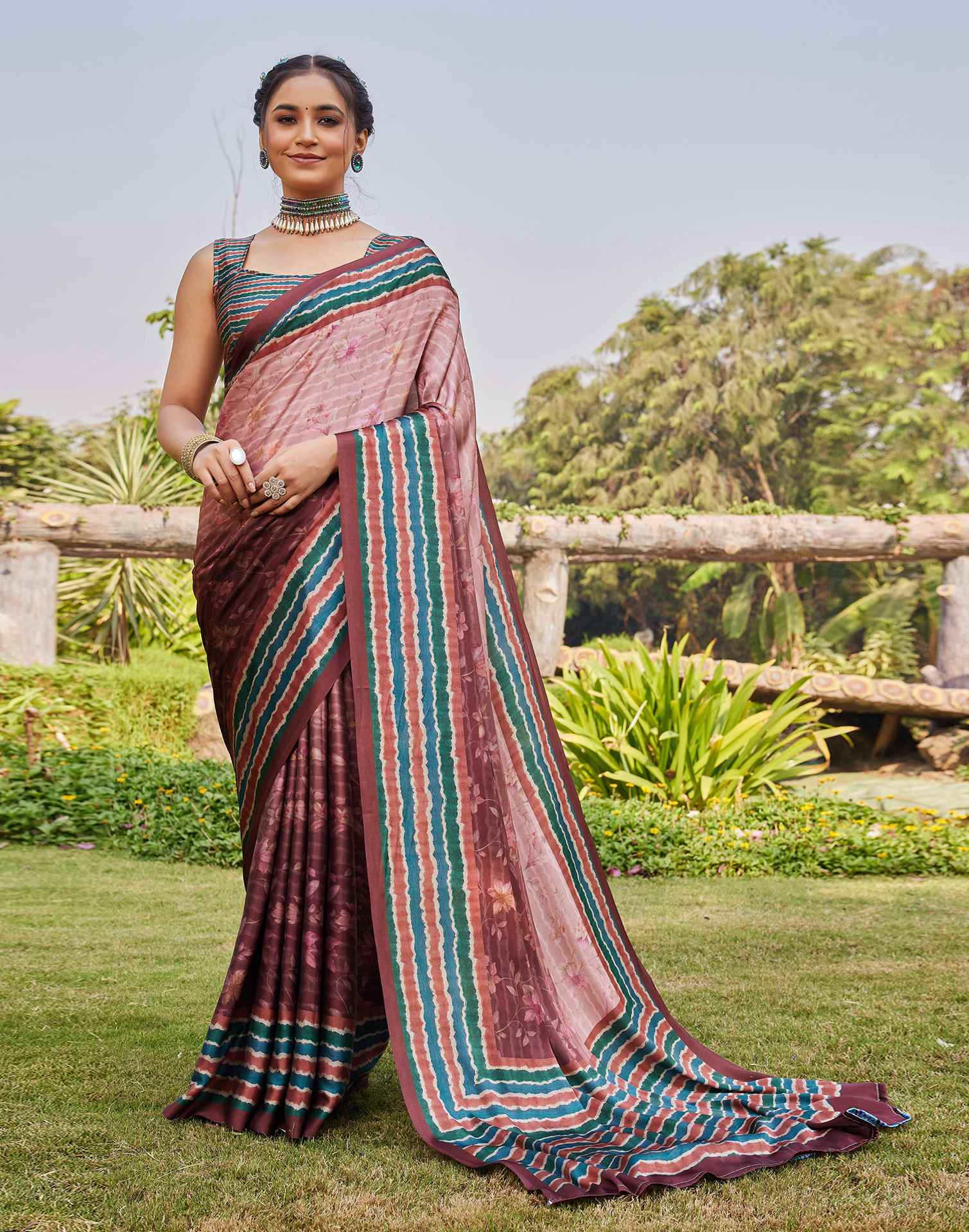 Chestnut Brown Satin Printed Saree