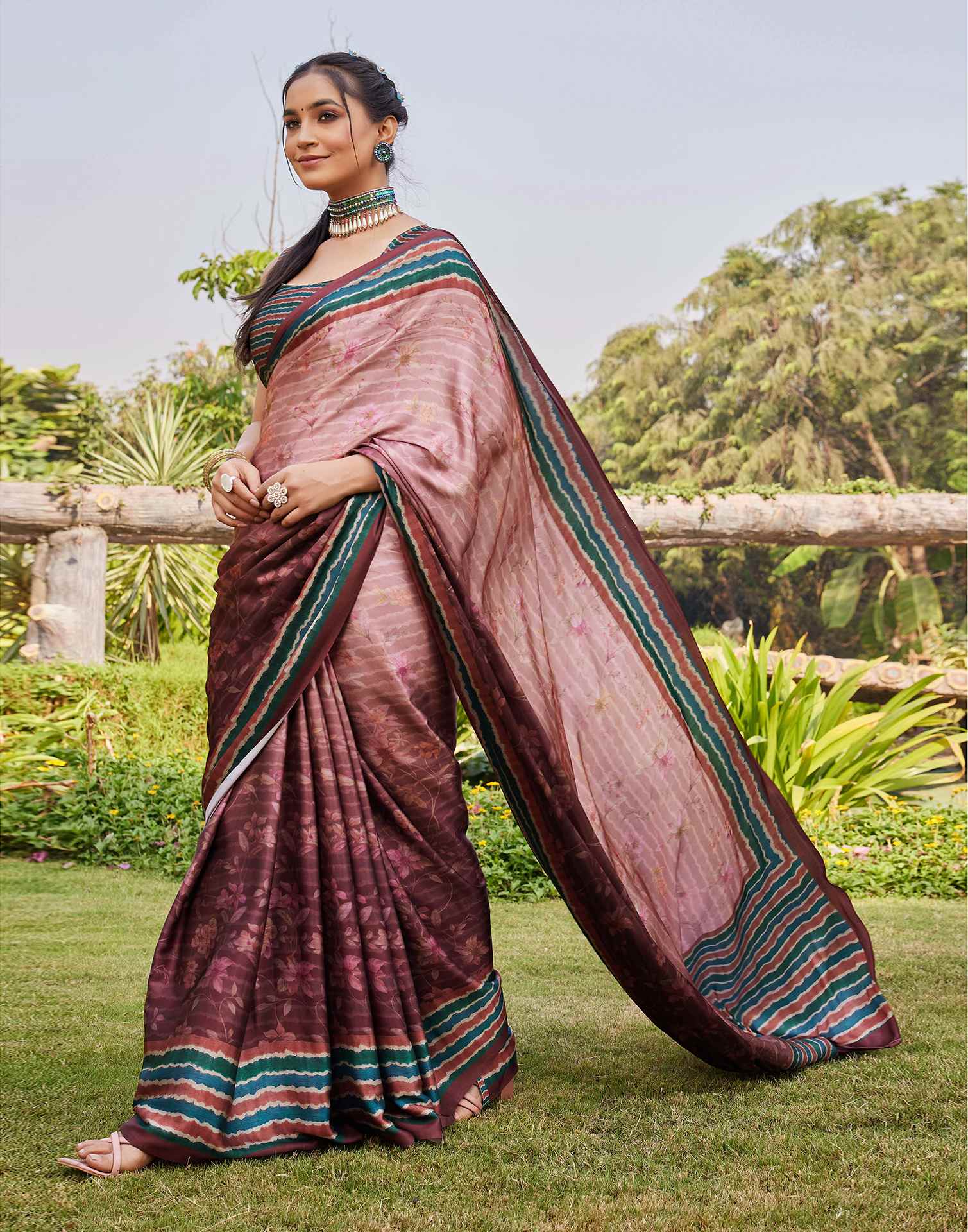 Chestnut Brown Satin Printed Saree