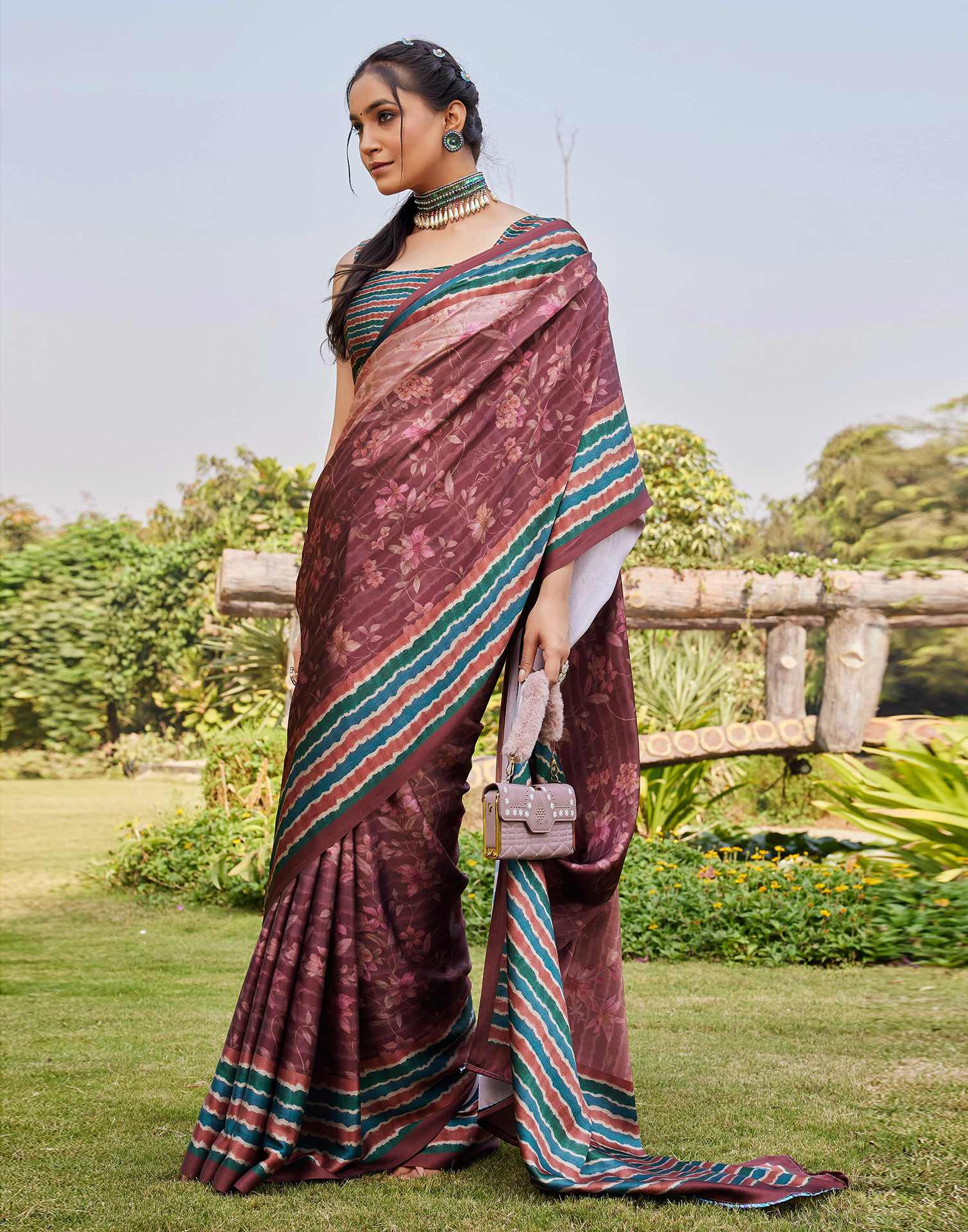 Chestnut Brown Satin Printed Saree