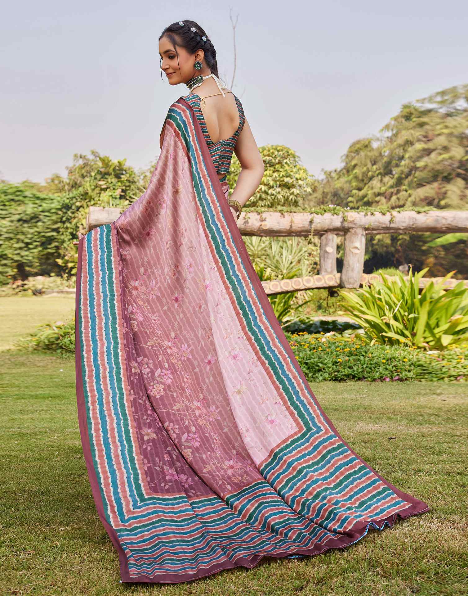 Chestnut Brown Satin Printed Saree