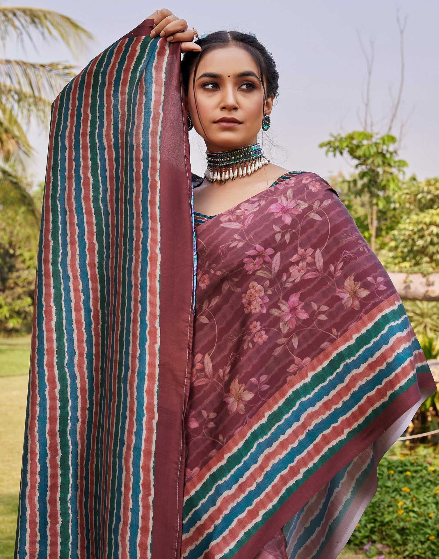 Chestnut Brown Satin Printed Saree