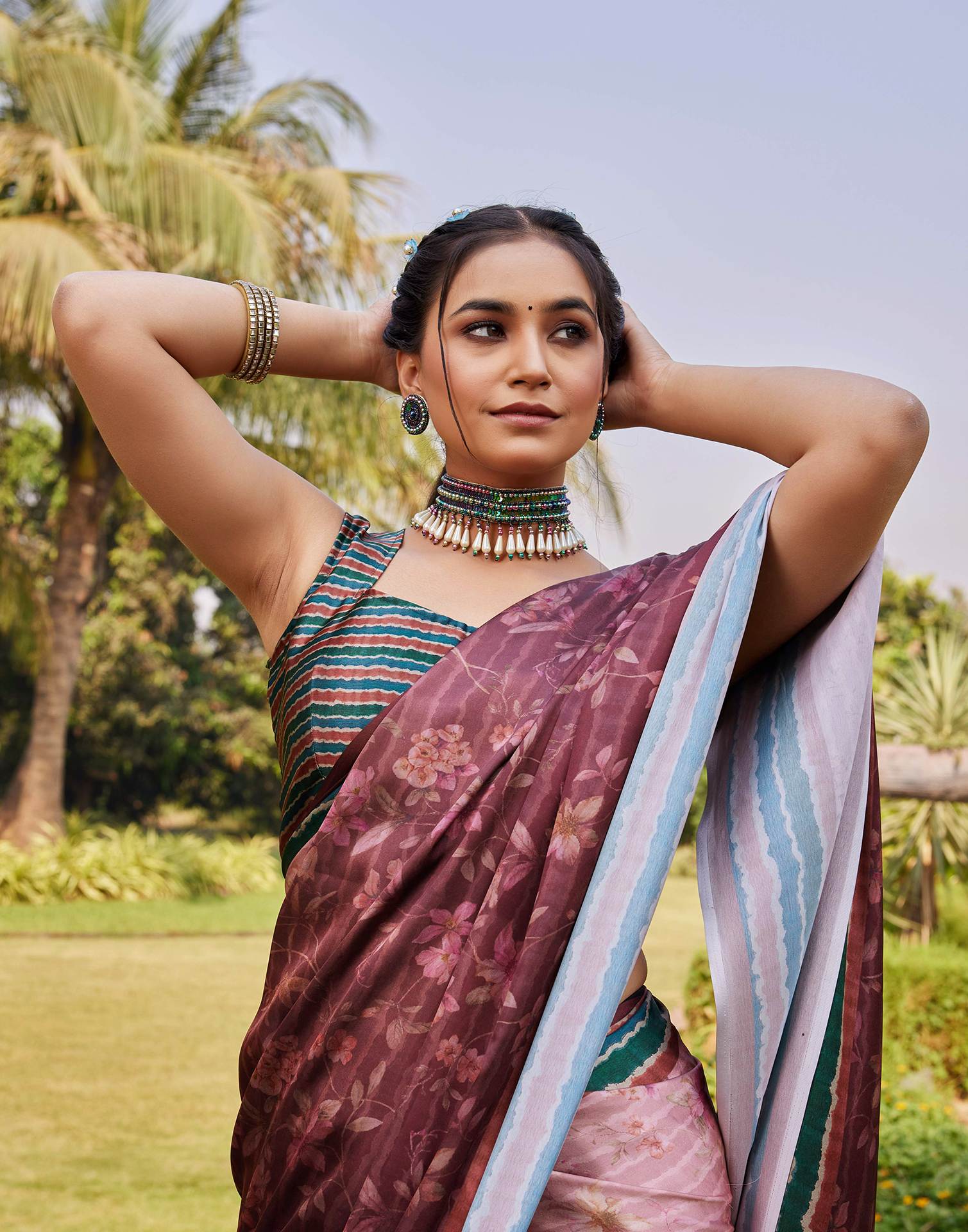 Chestnut Brown Satin Printed Saree