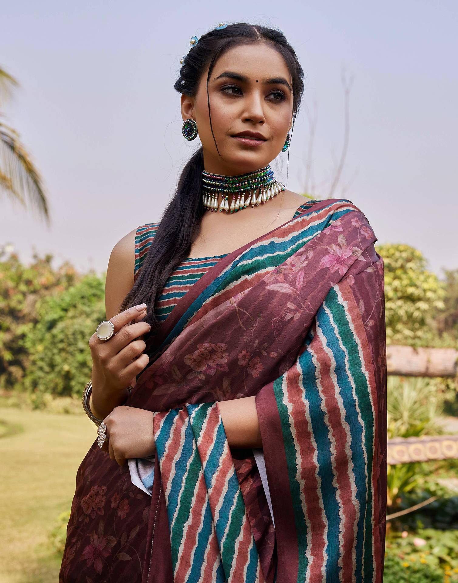 Chestnut Brown Satin Printed Saree