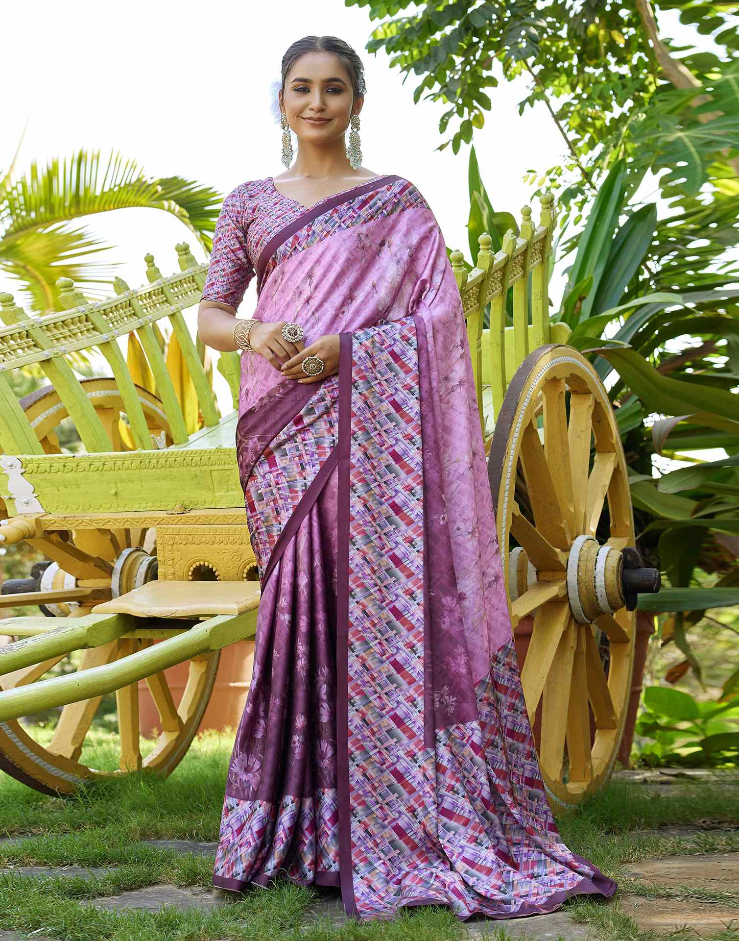 Pink Satin Floral Printed Saree