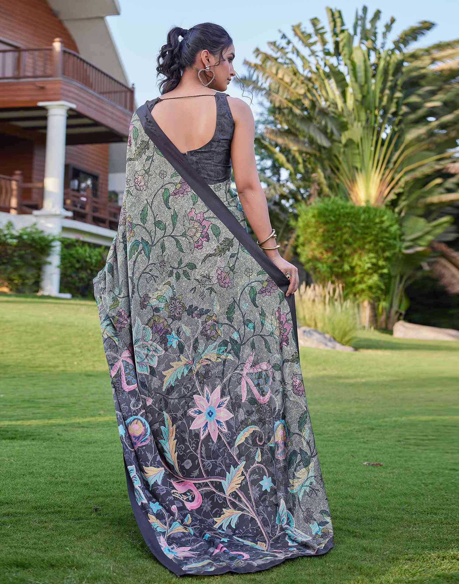 Black Satin Floral Printed Saree