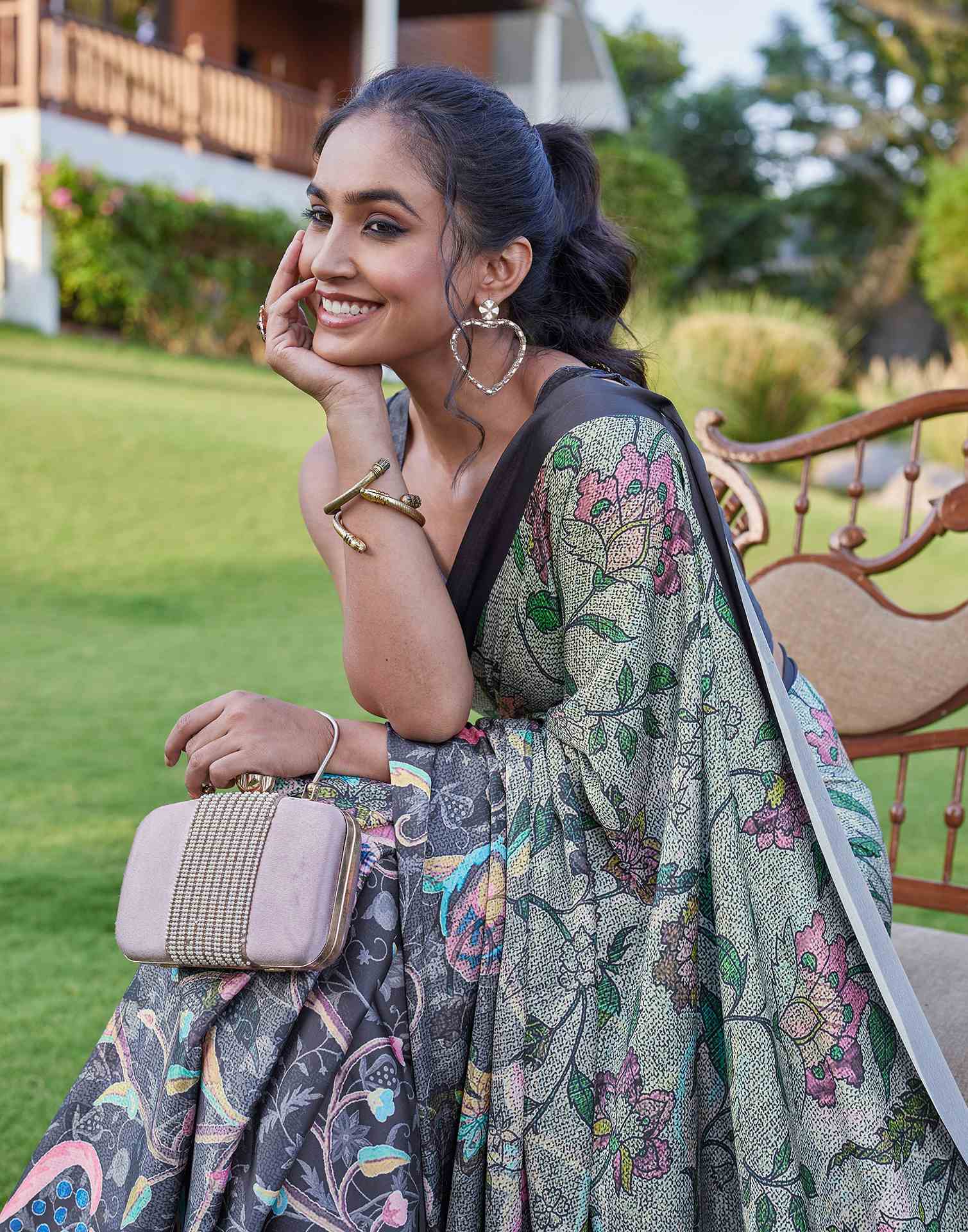 Black Satin Floral Printed Saree