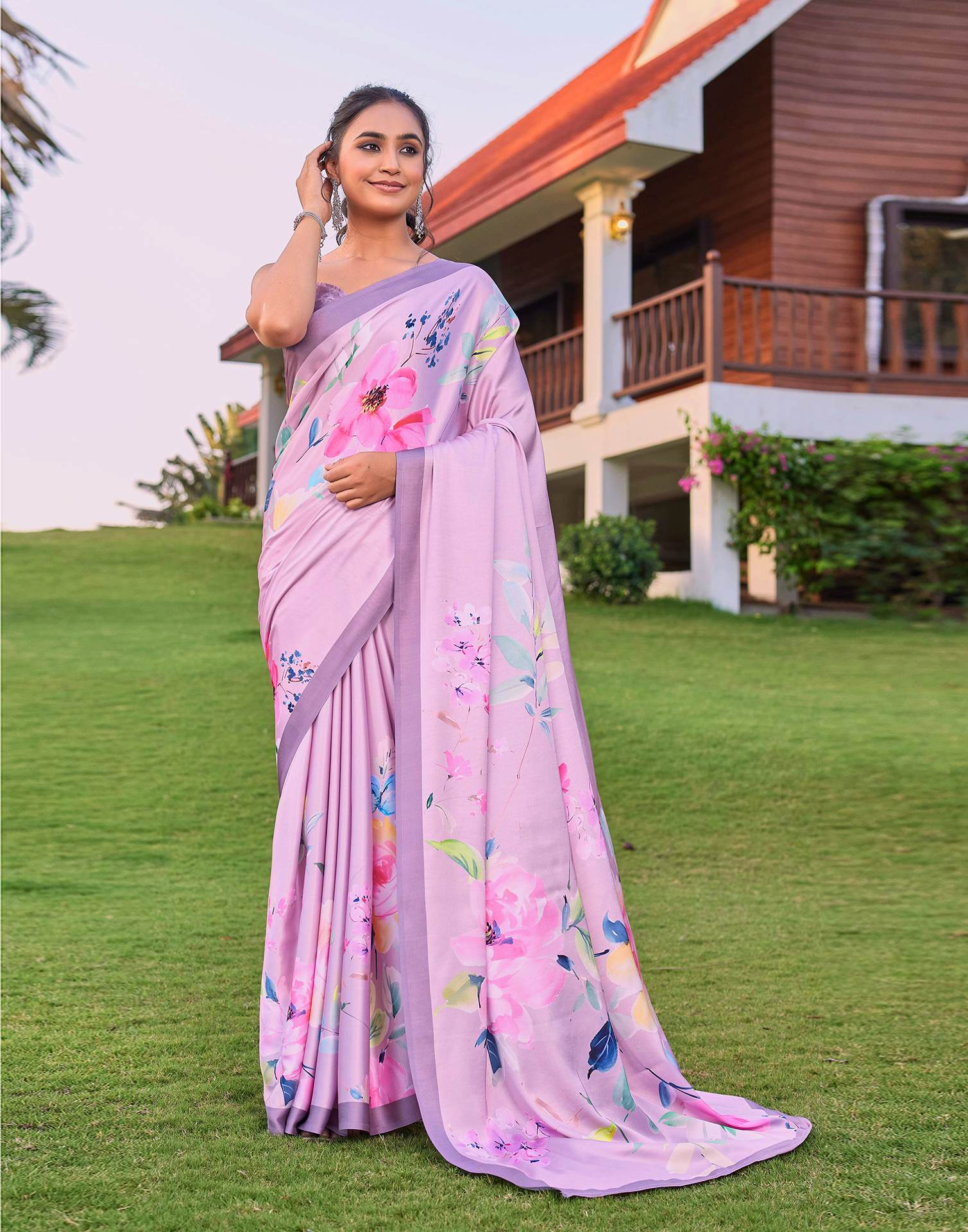 Pink Satin Floral Printed Saree