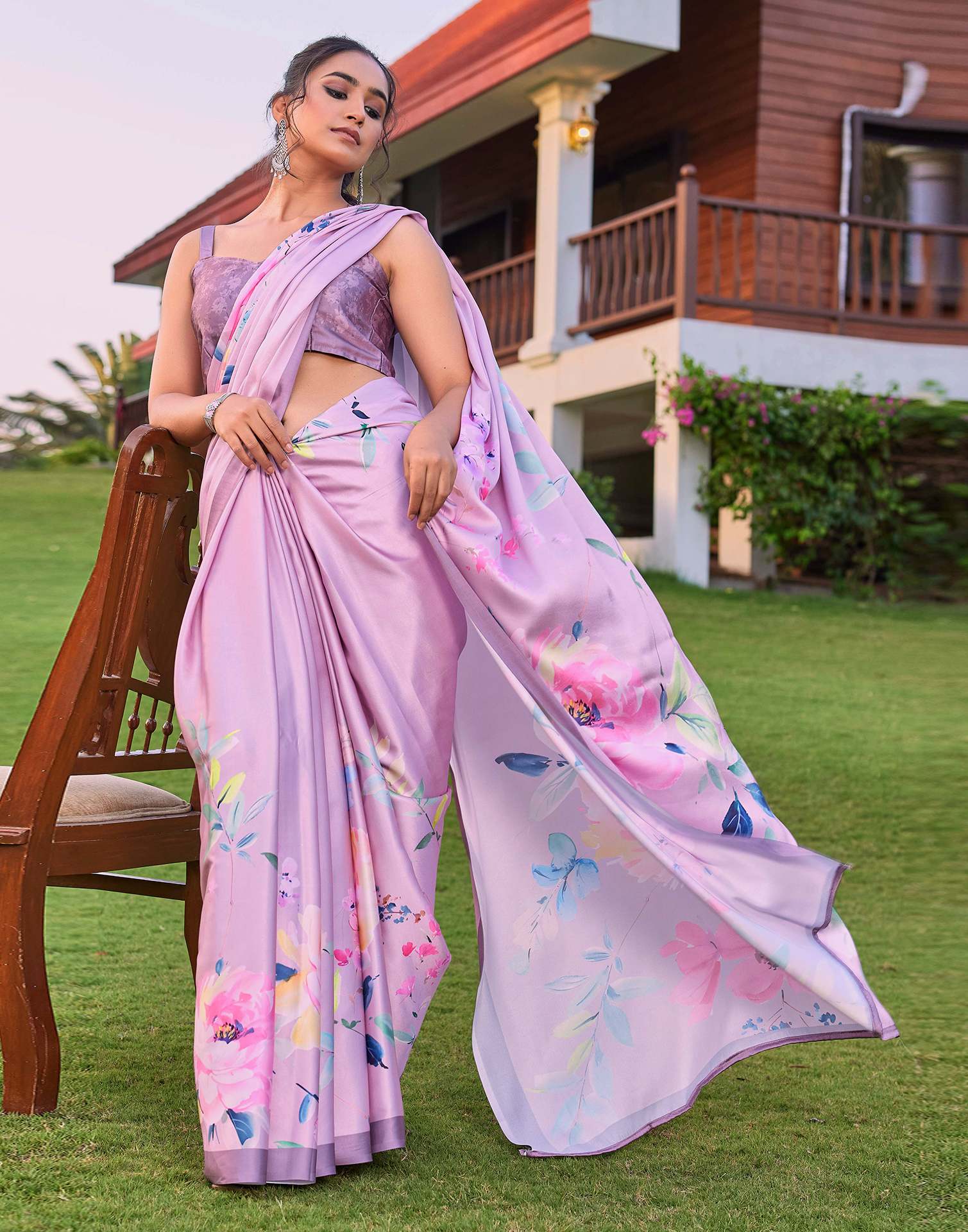 Pink Satin Floral Printed Saree