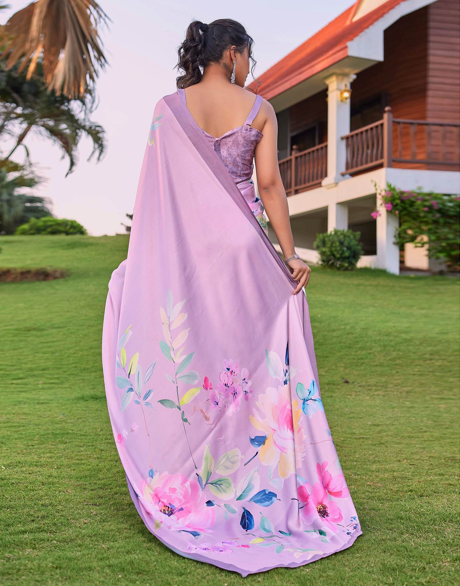 Pink Satin Floral Printed Saree