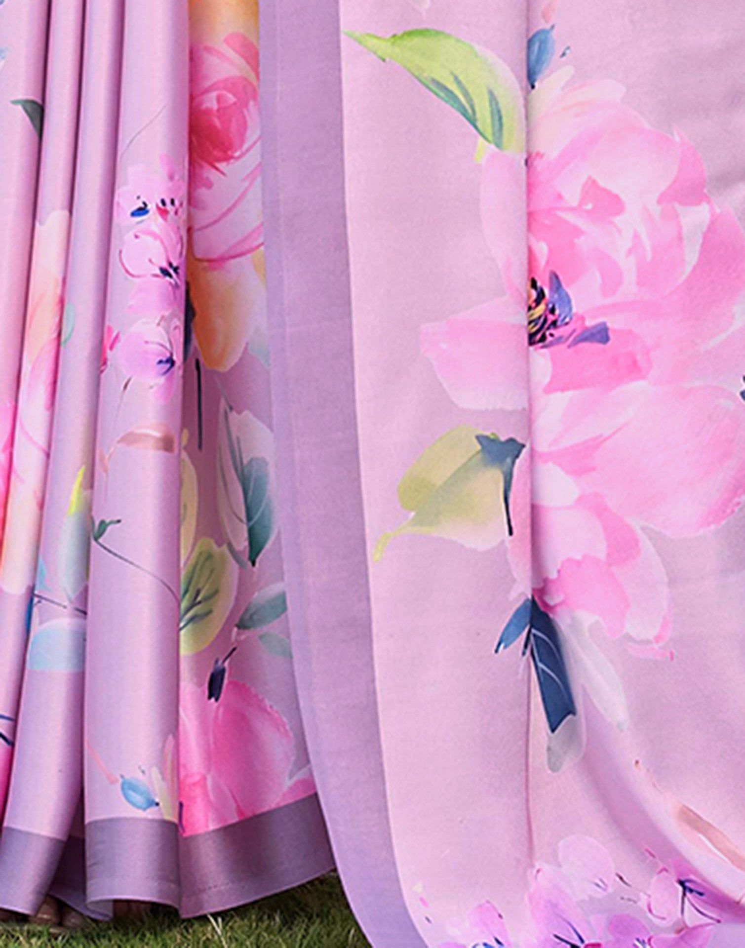 Pink Satin Floral Printed Saree