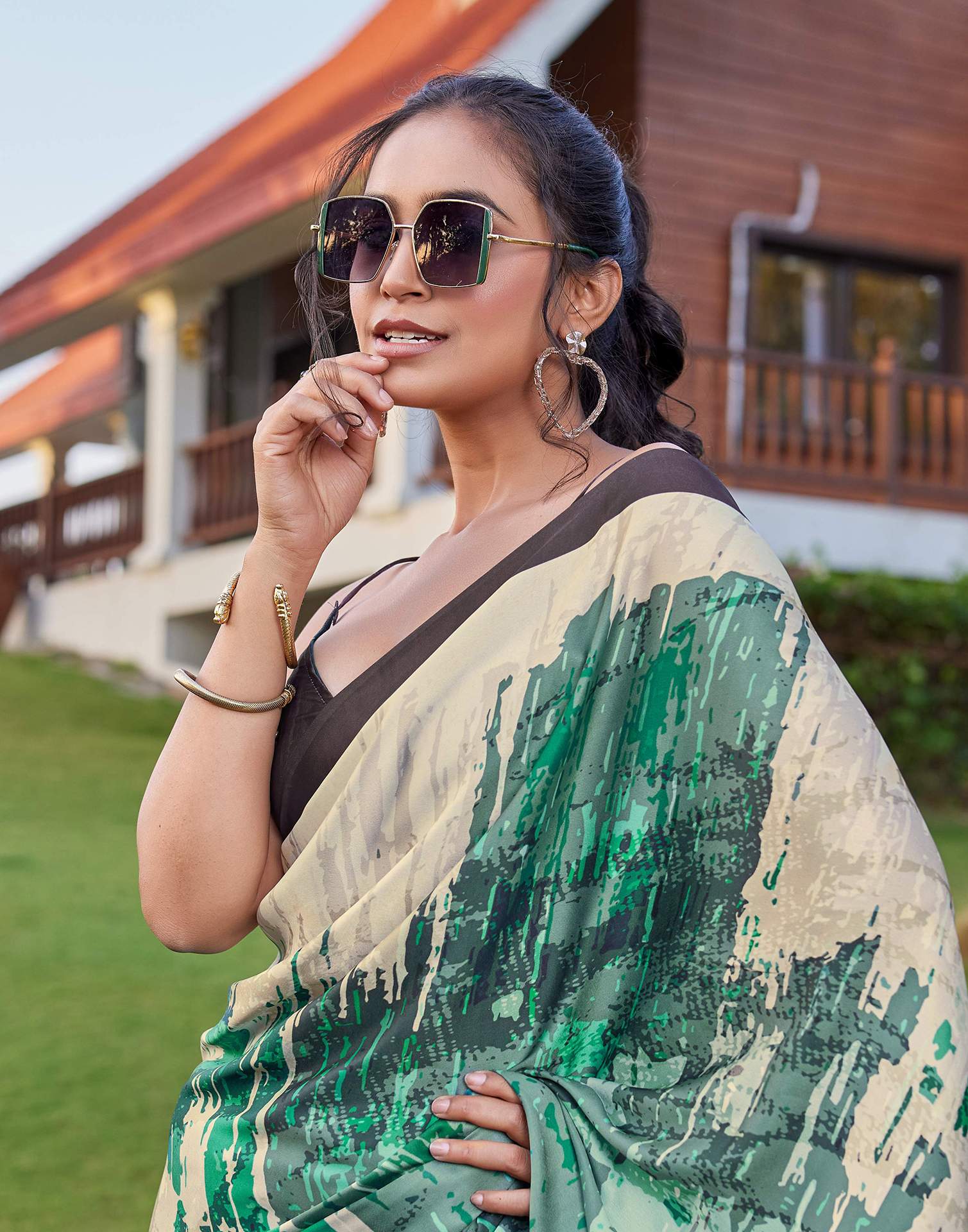 Cream Satin Printed Saree