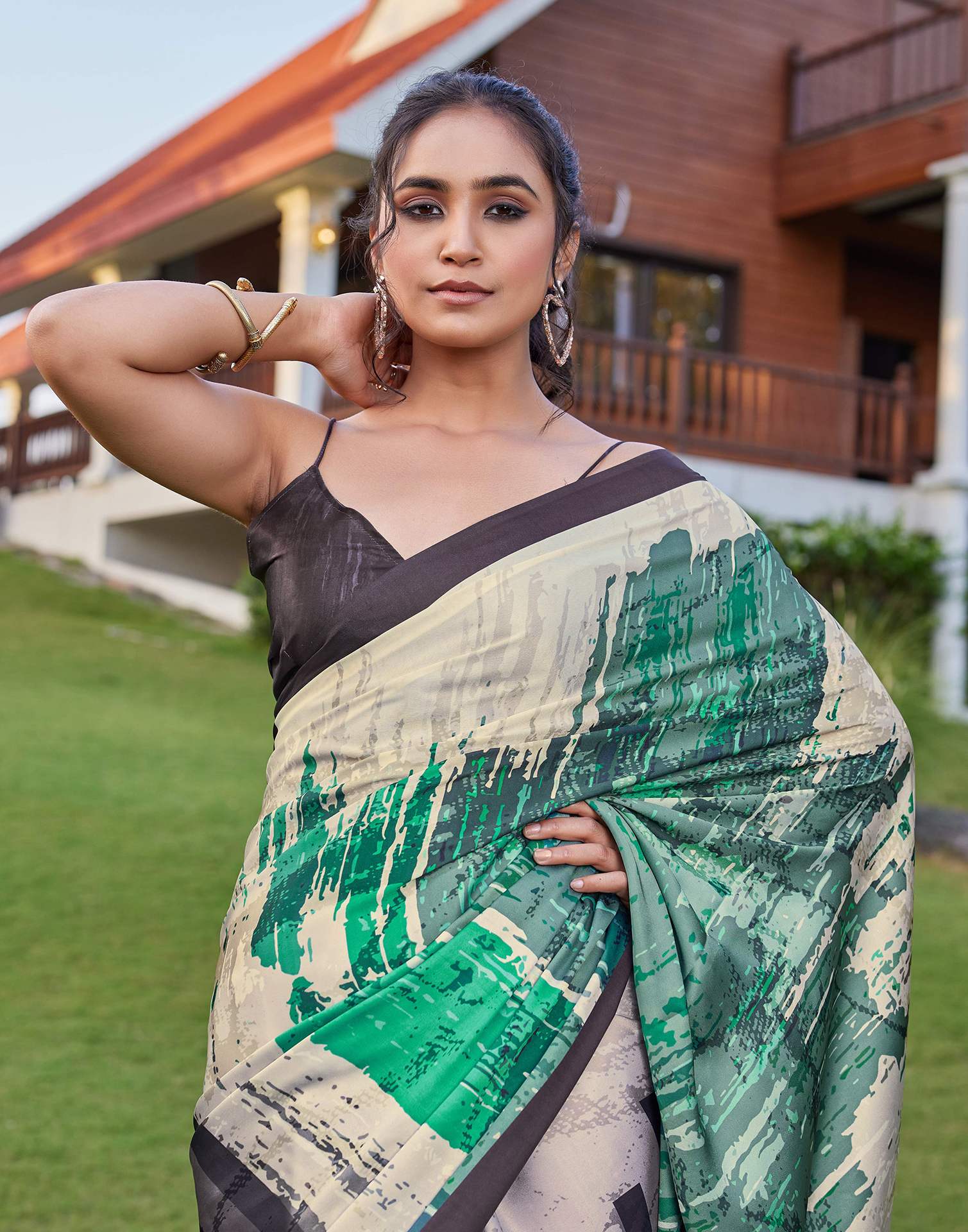 Cream Satin Printed Saree