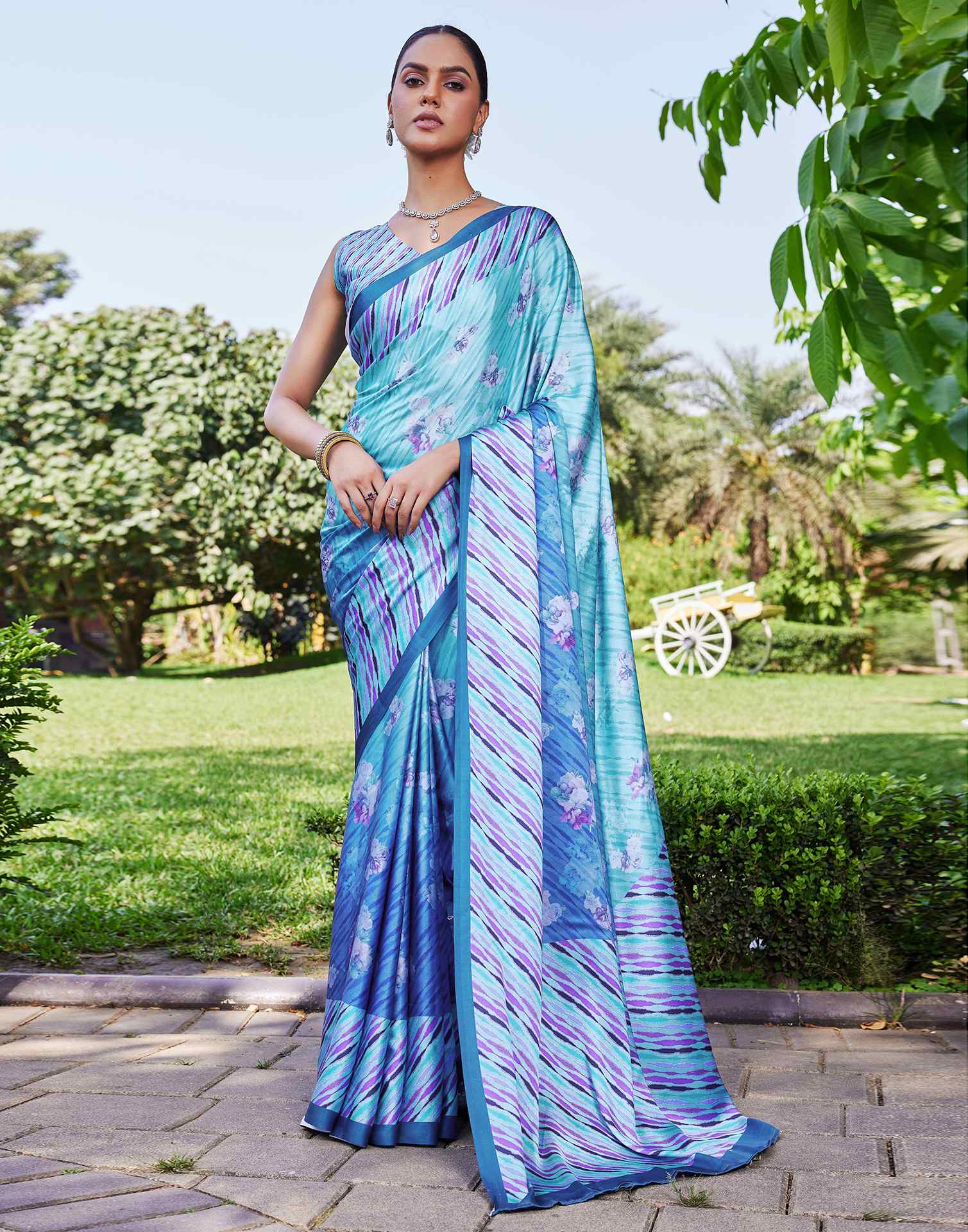 Blue Satin Floral Printed Saree
