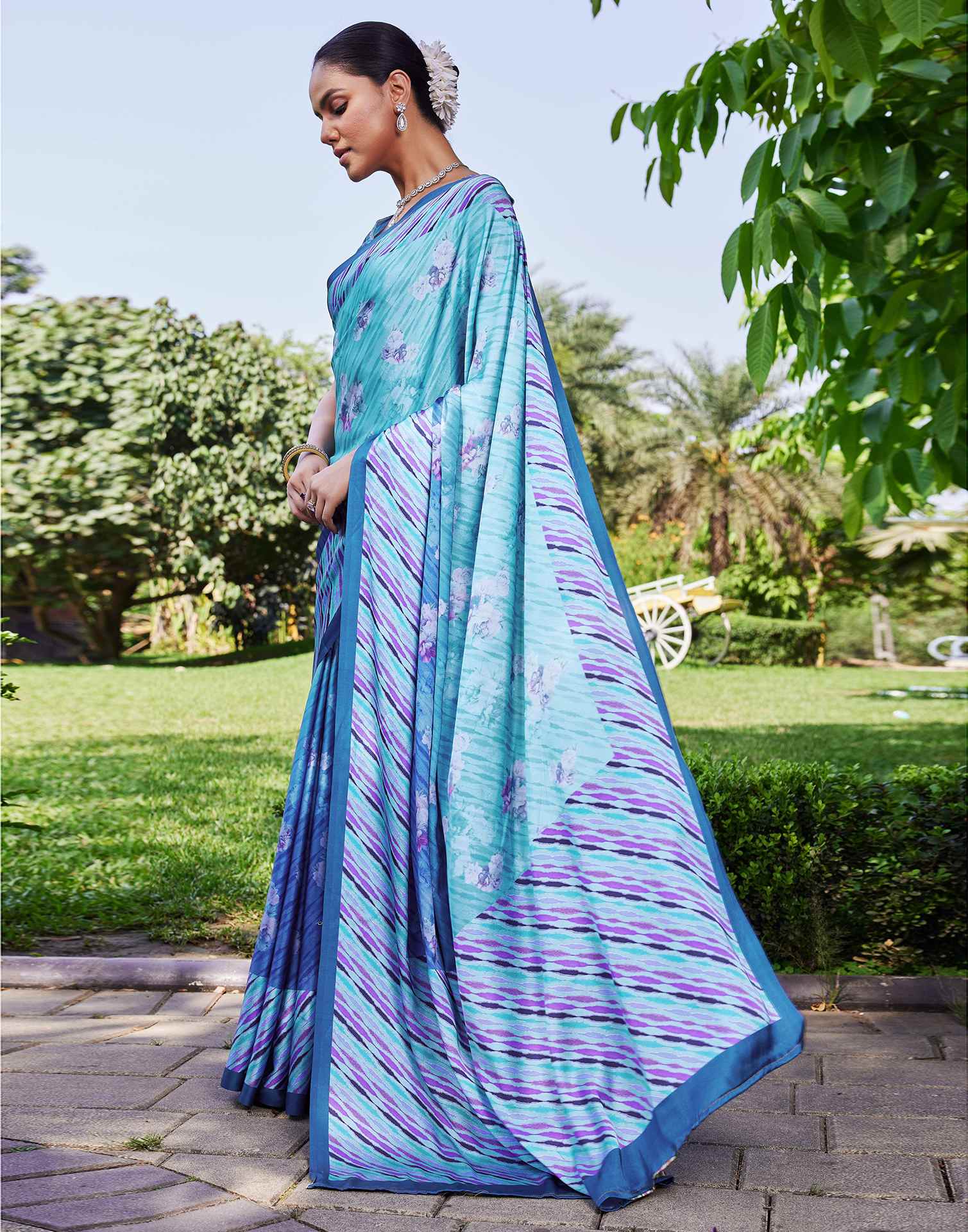 Blue Satin Floral Printed Saree