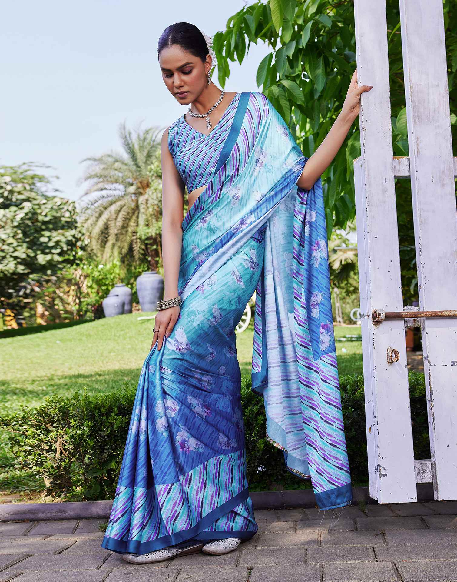 Blue Satin Floral Printed Saree