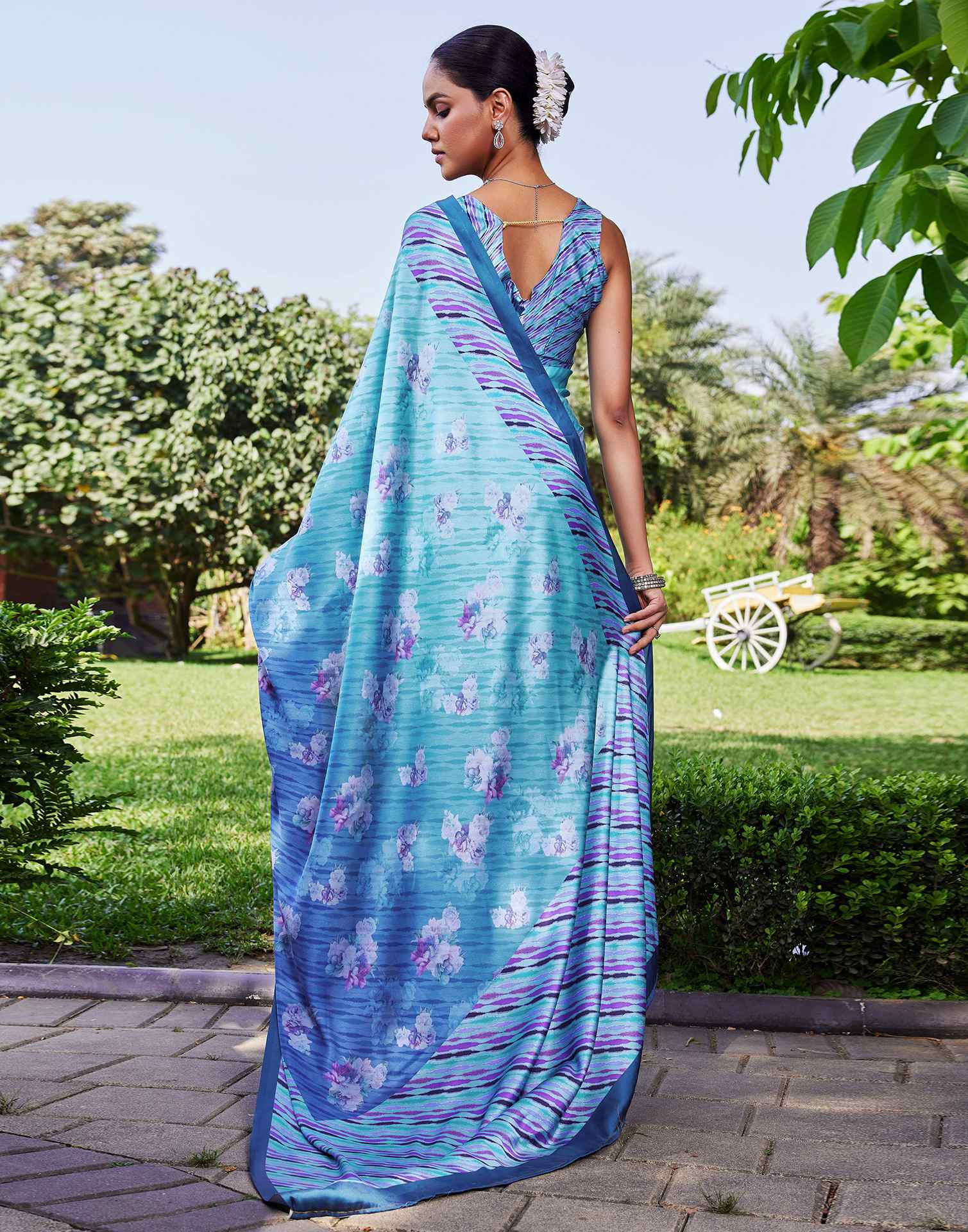 Blue Satin Floral Printed Saree