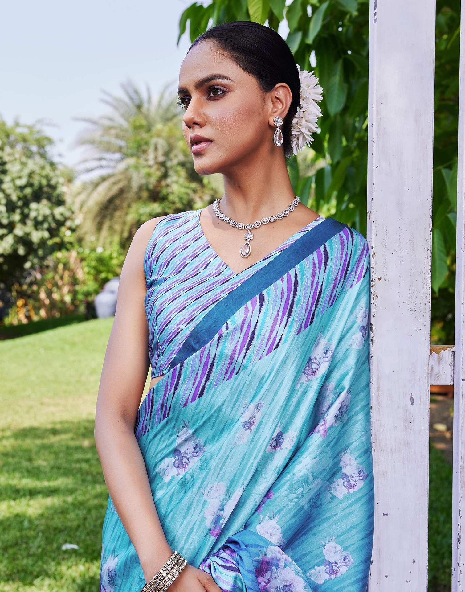 Blue Satin Floral Printed Saree