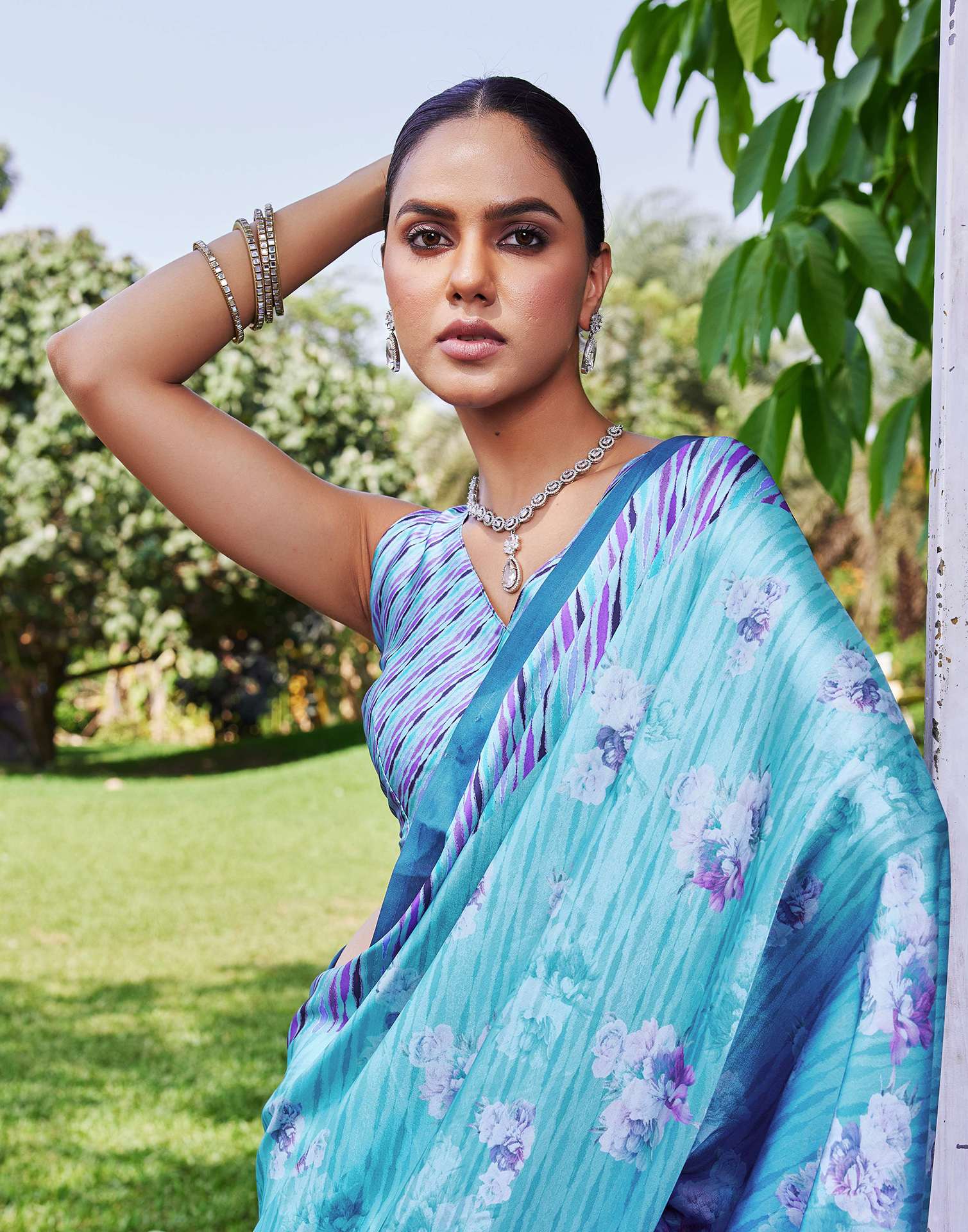 Blue Satin Floral Printed Saree
