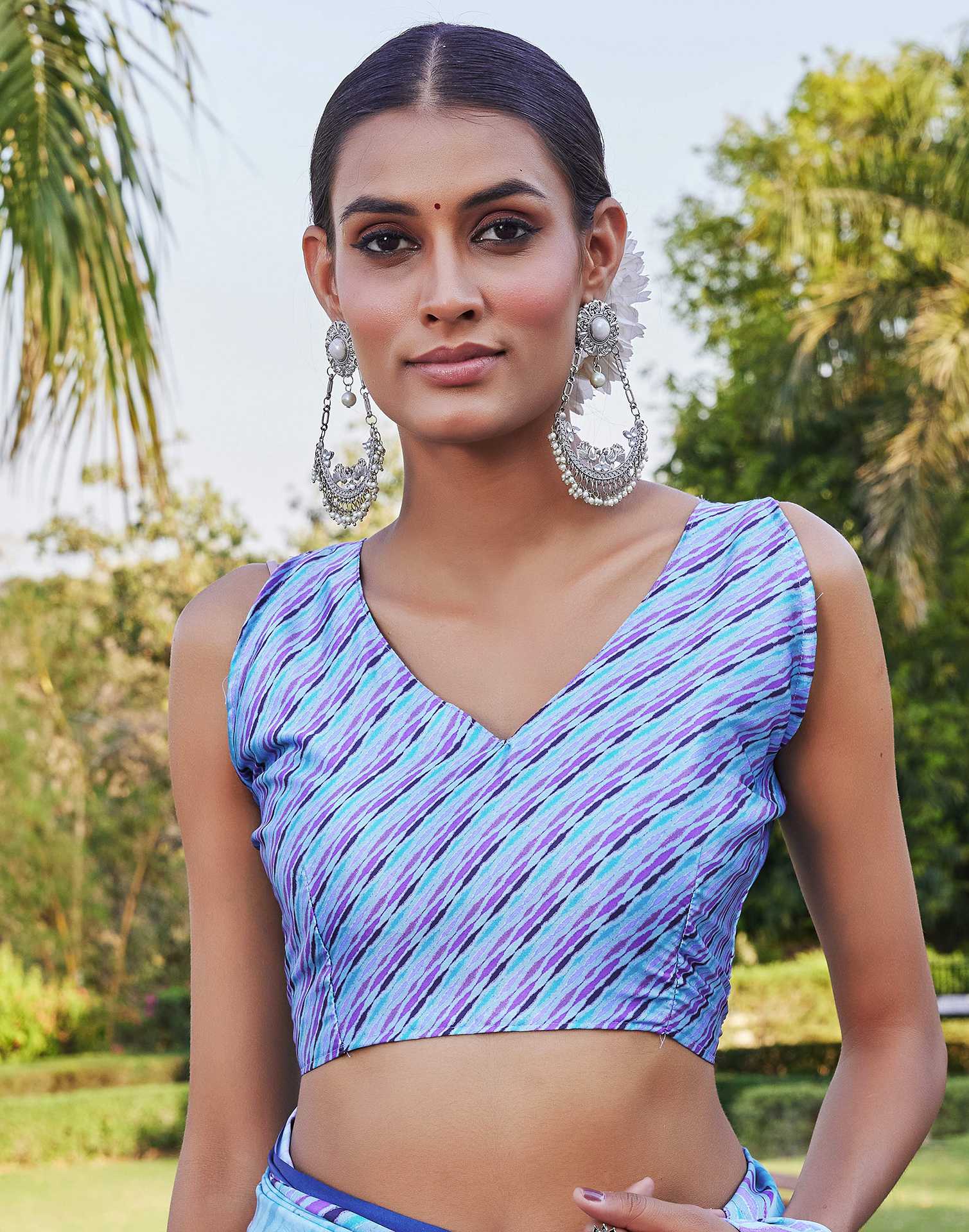 Blue Satin Floral Printed Saree