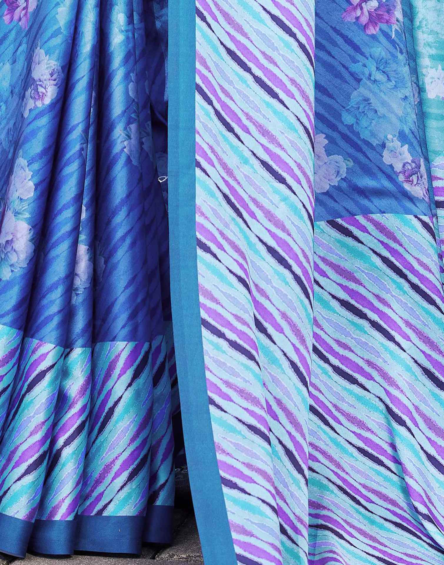 Blue Satin Floral Printed Saree