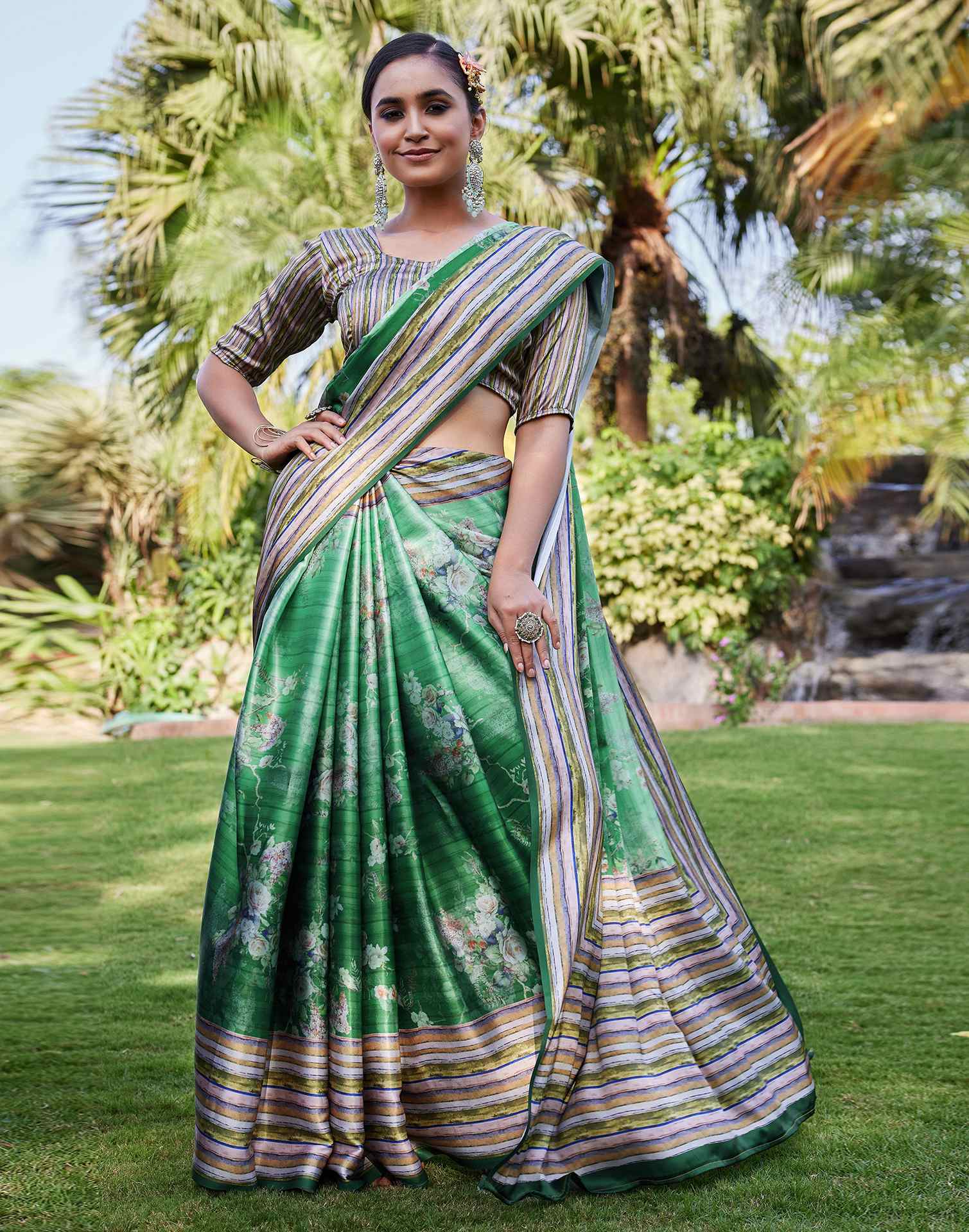 Green Satin Floral Printed Saree