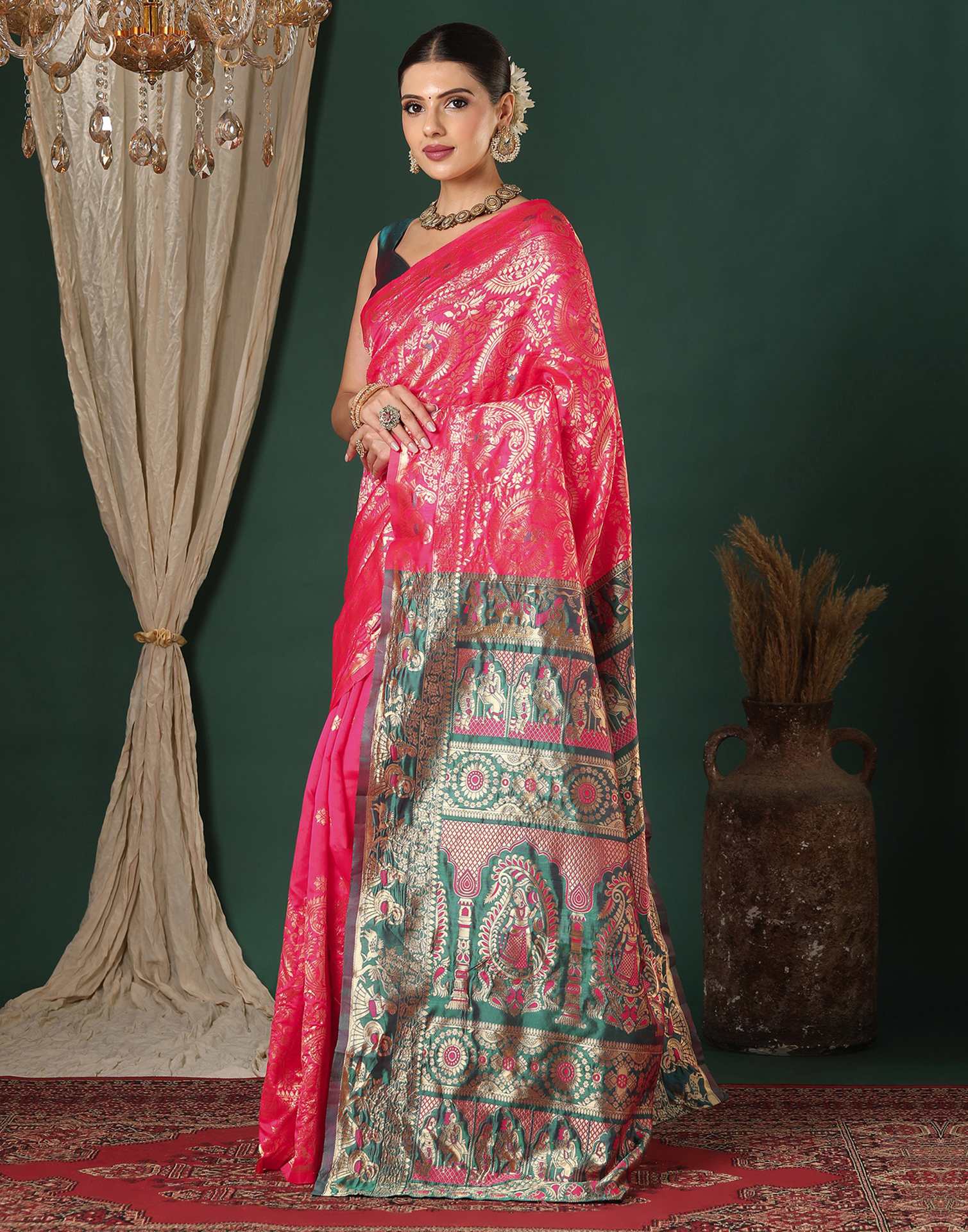Bright Pink Silk Woven Banarasi Saree