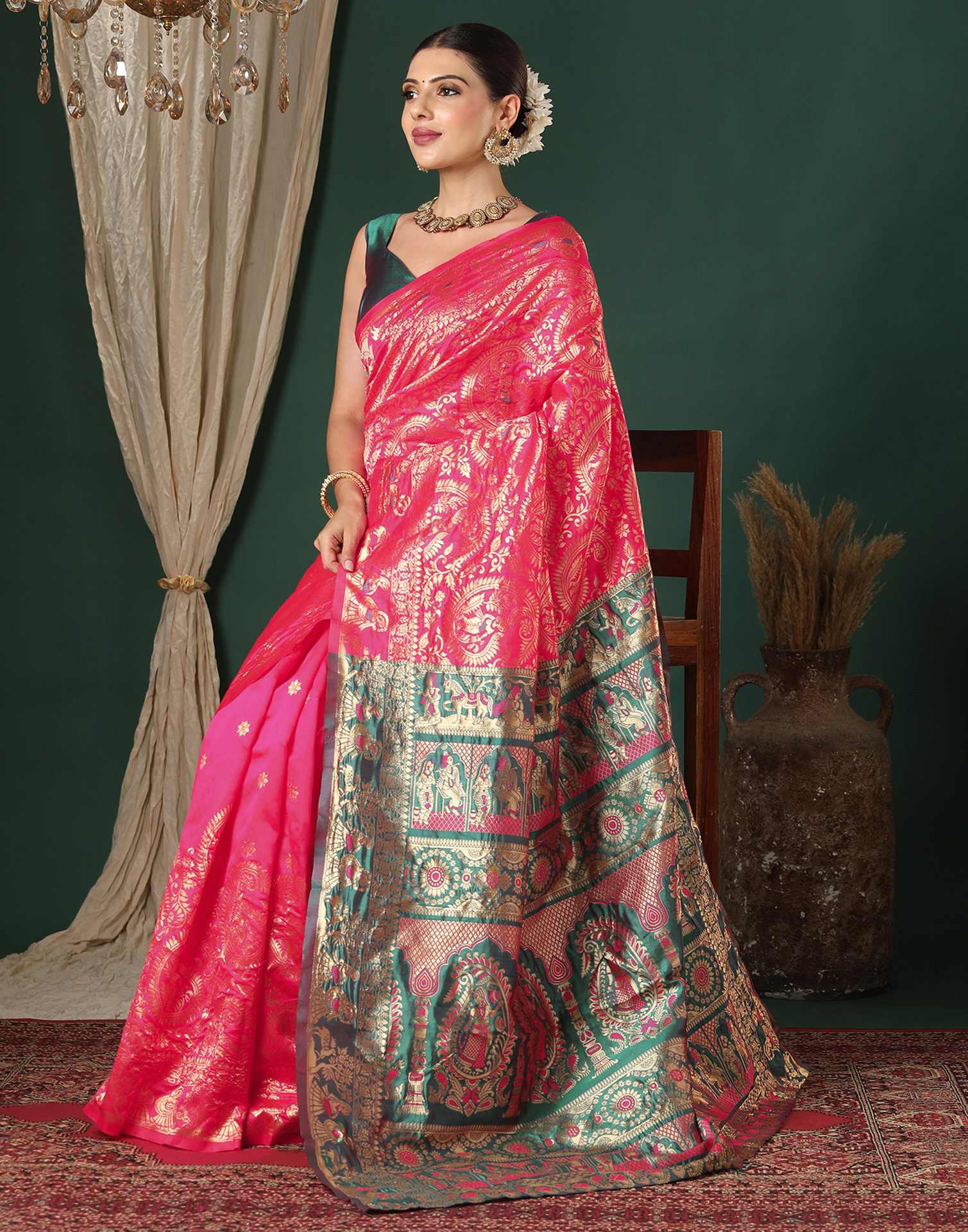 Bright Pink Silk Woven Banarasi Saree
